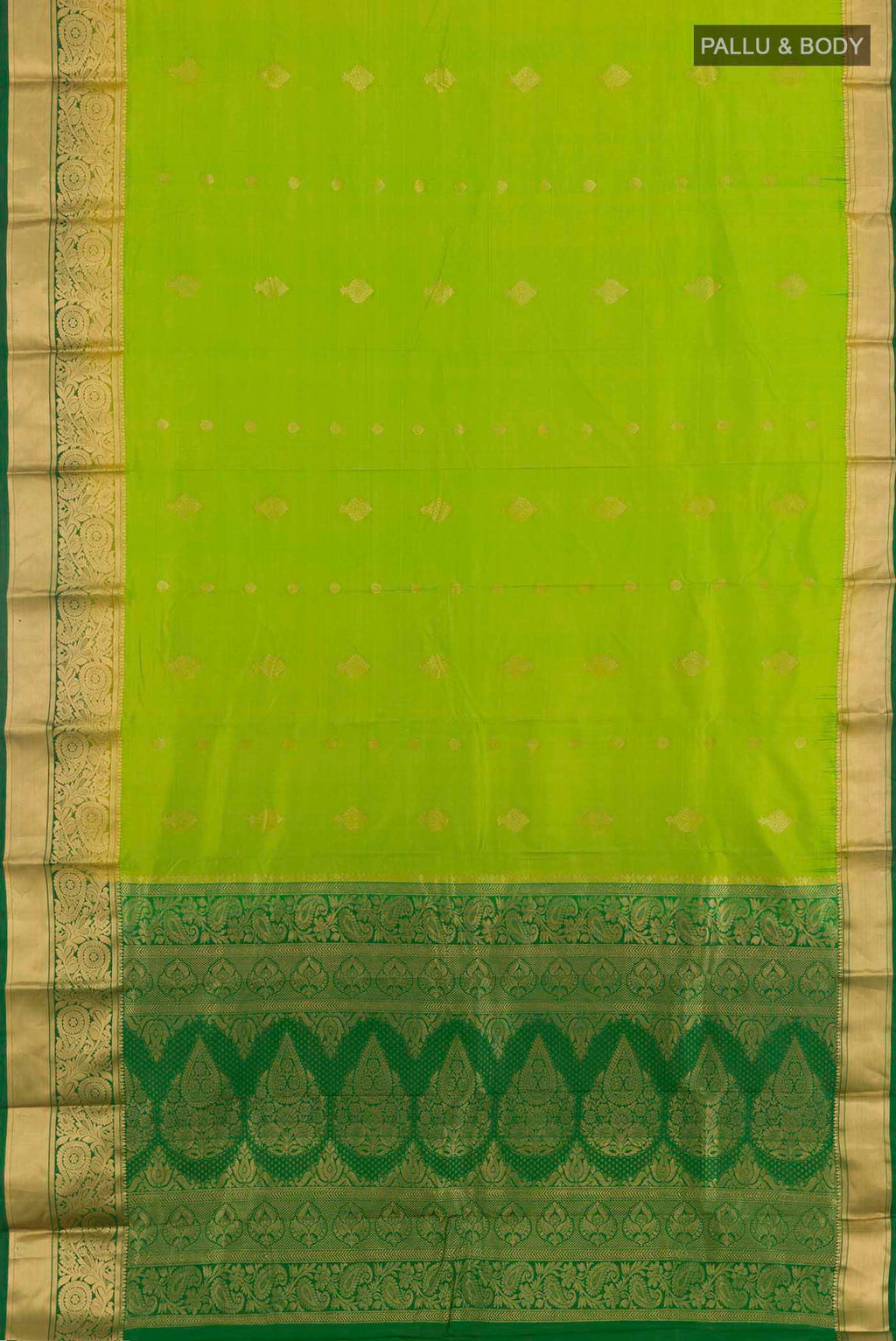 Flat view of Light Green Dual Tone Kanchipuram Silk Saree with Zari Butta on the body and Zari Border. 