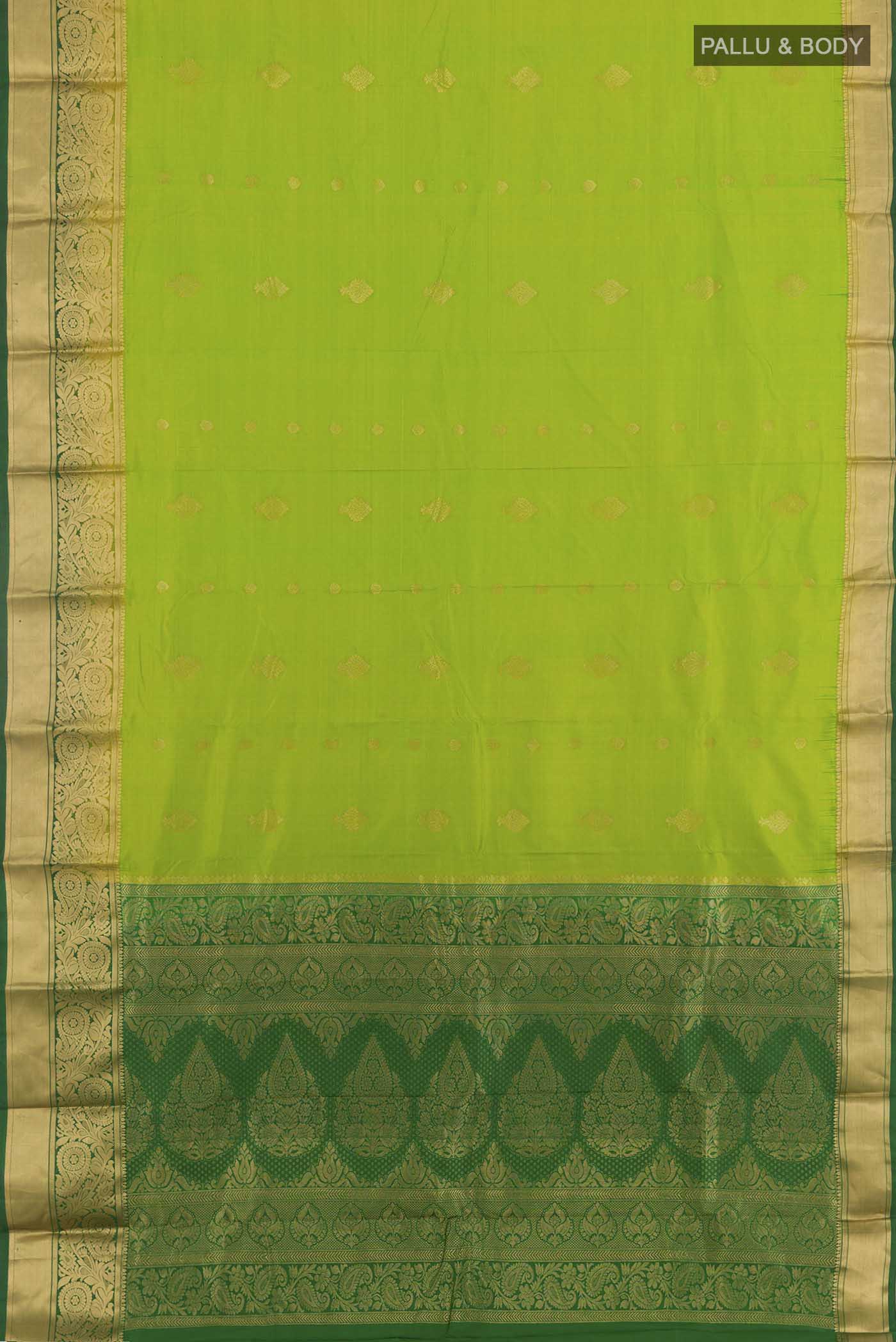 Flat view of Light Green Dual Tone Kanchipuram Silk Saree with Zari Butta on the body and Zari Border. 