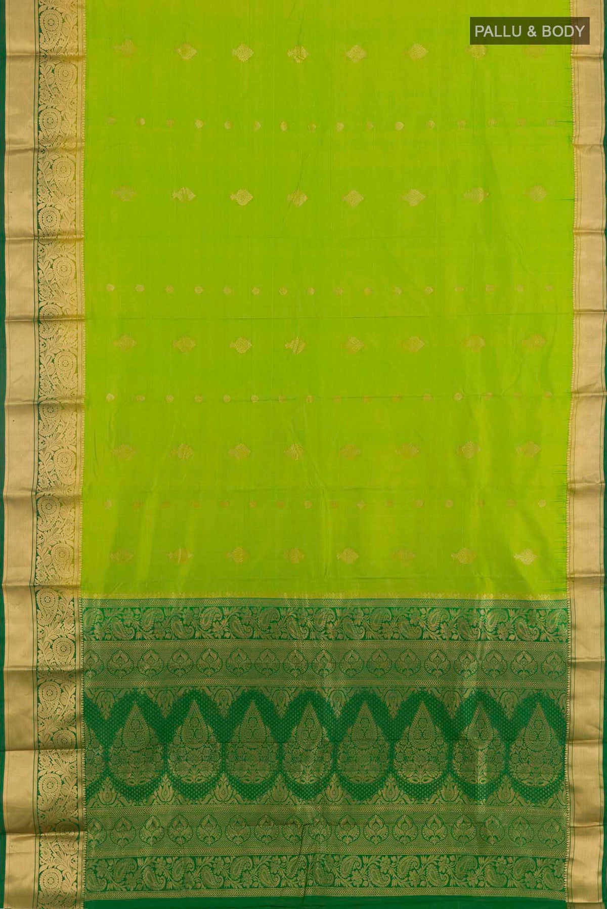 Flat view of Light Green Dual Tone Kanchipuram Silk Saree with Zari Butta on the body and Zari Border. 