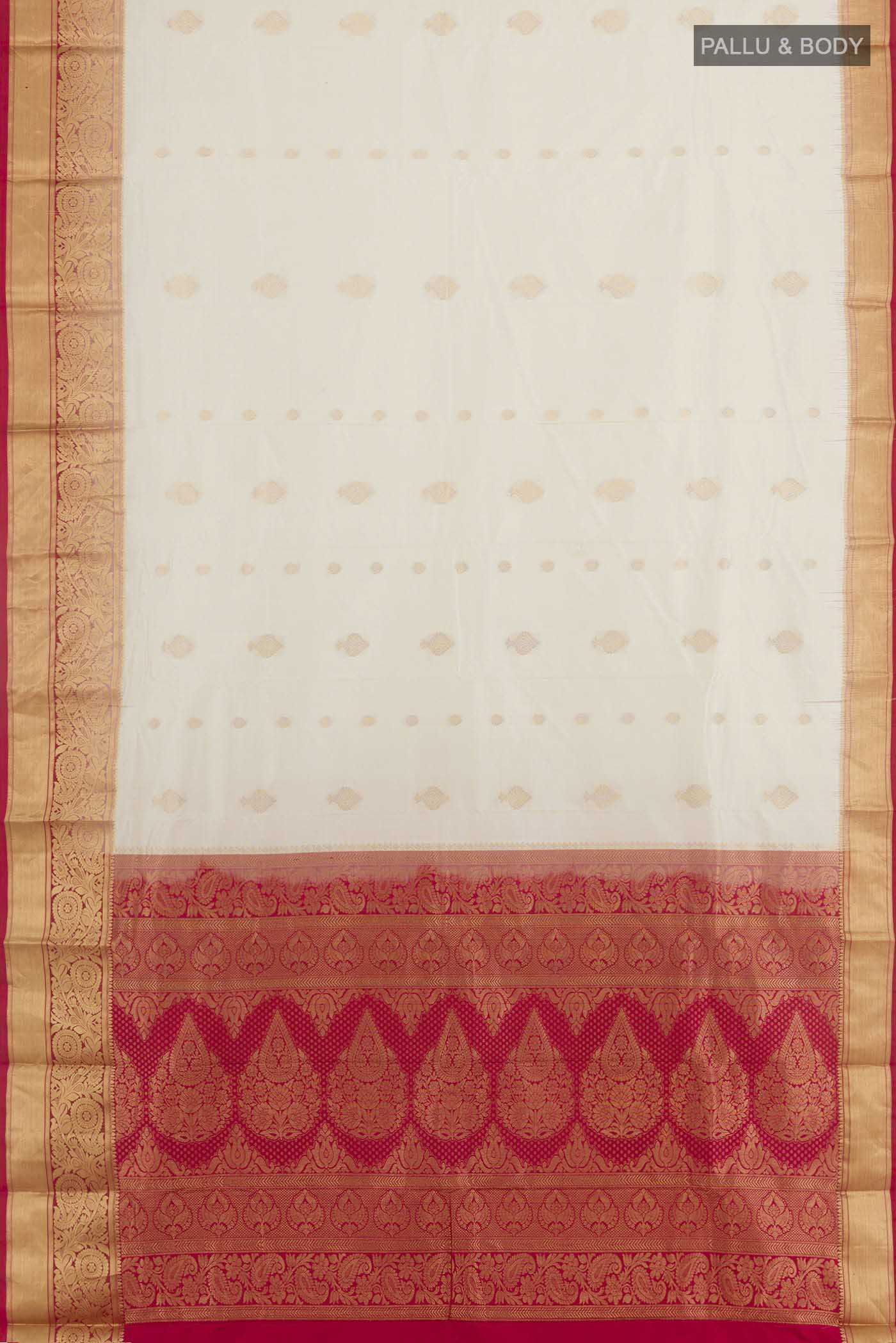 Flat view of Off White Kanchipuram Silk Saree with Zari Butta on the body and Zari Border. 