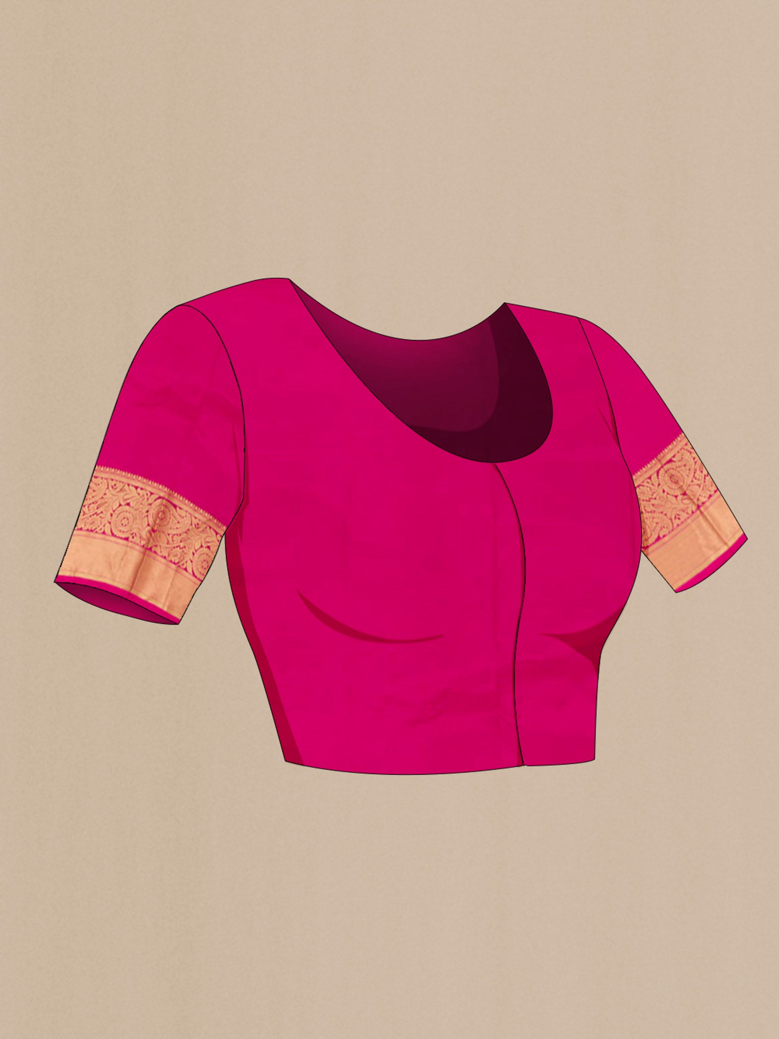 Close up image of the blouse of Rose pink Kanchipuram Silk Saree with Zari Butta on the body and Zari Border. 