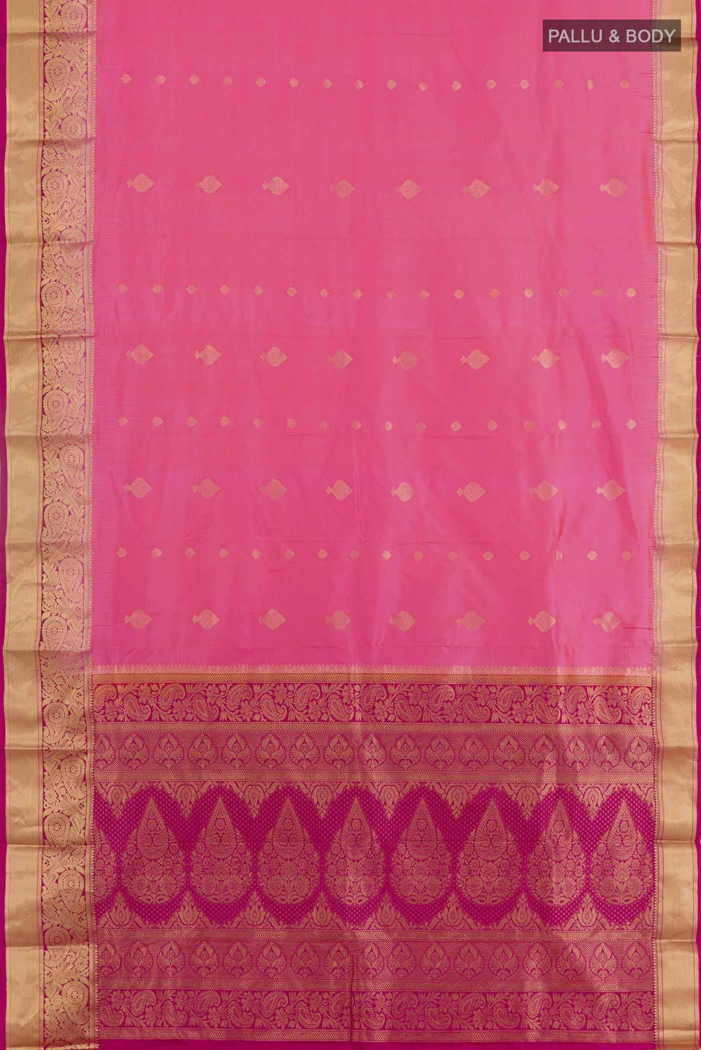 Flat view of Rose pink Kanchipuram Silk Saree with Zari Butta on the body and Zari Border. 