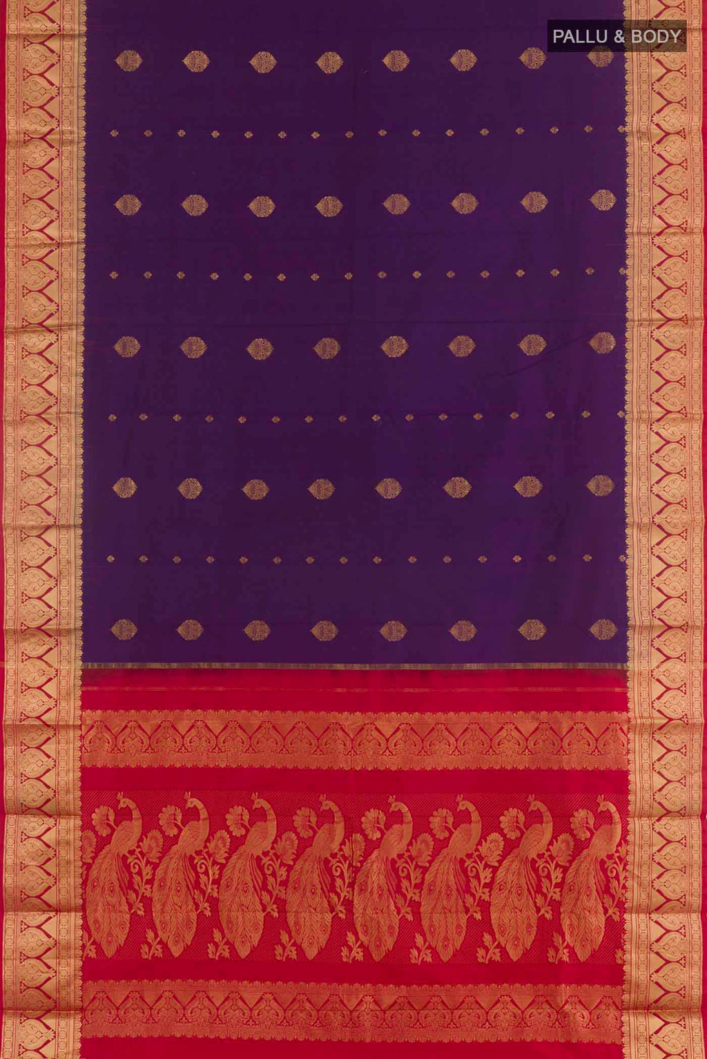 Flat view of Purple Kanchipuram Silk Saree with Zari Butta on the body and Zari Border. 