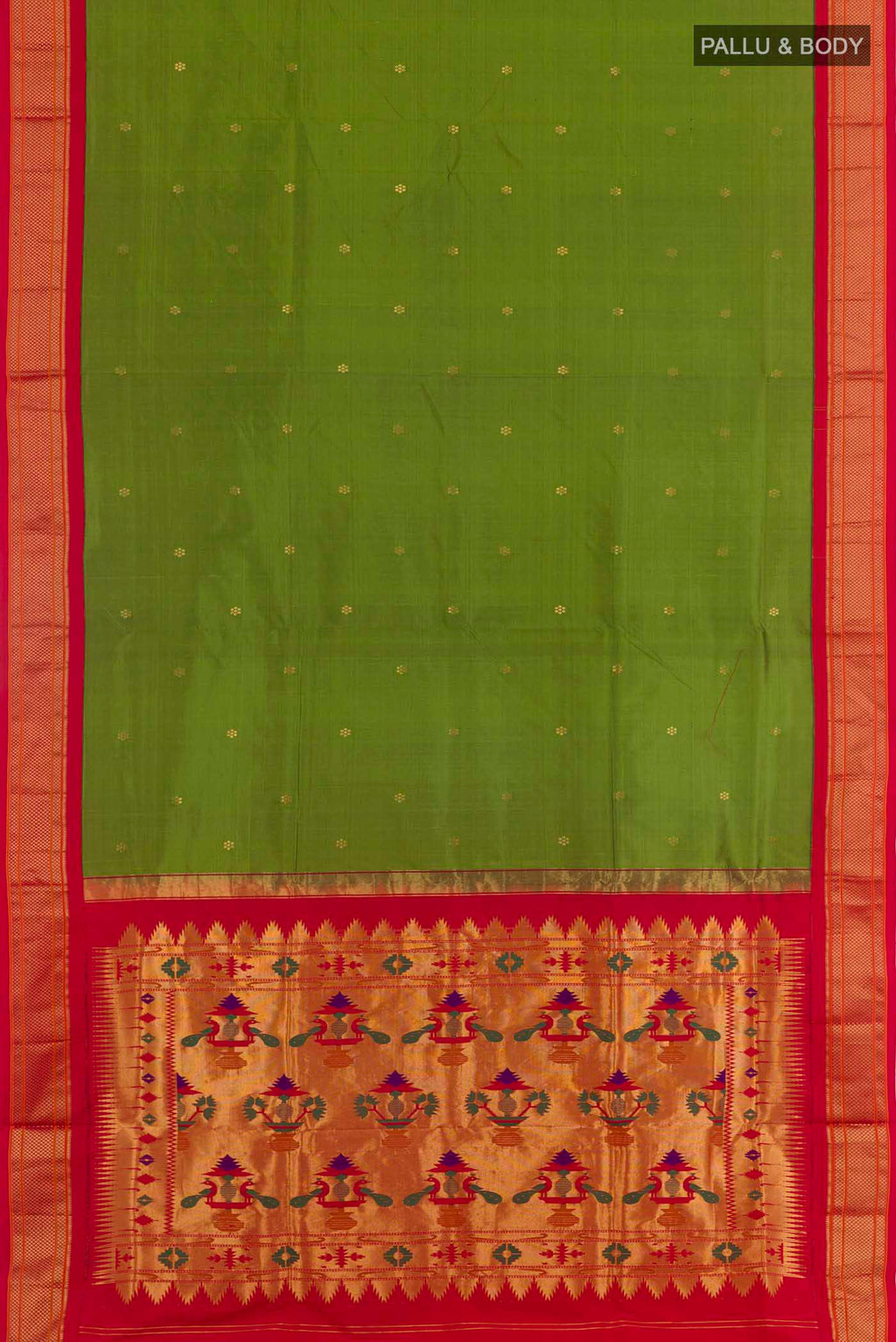 Flat view of Green Soft Silk Saree with Zari Butta on the body and Zari Border. 