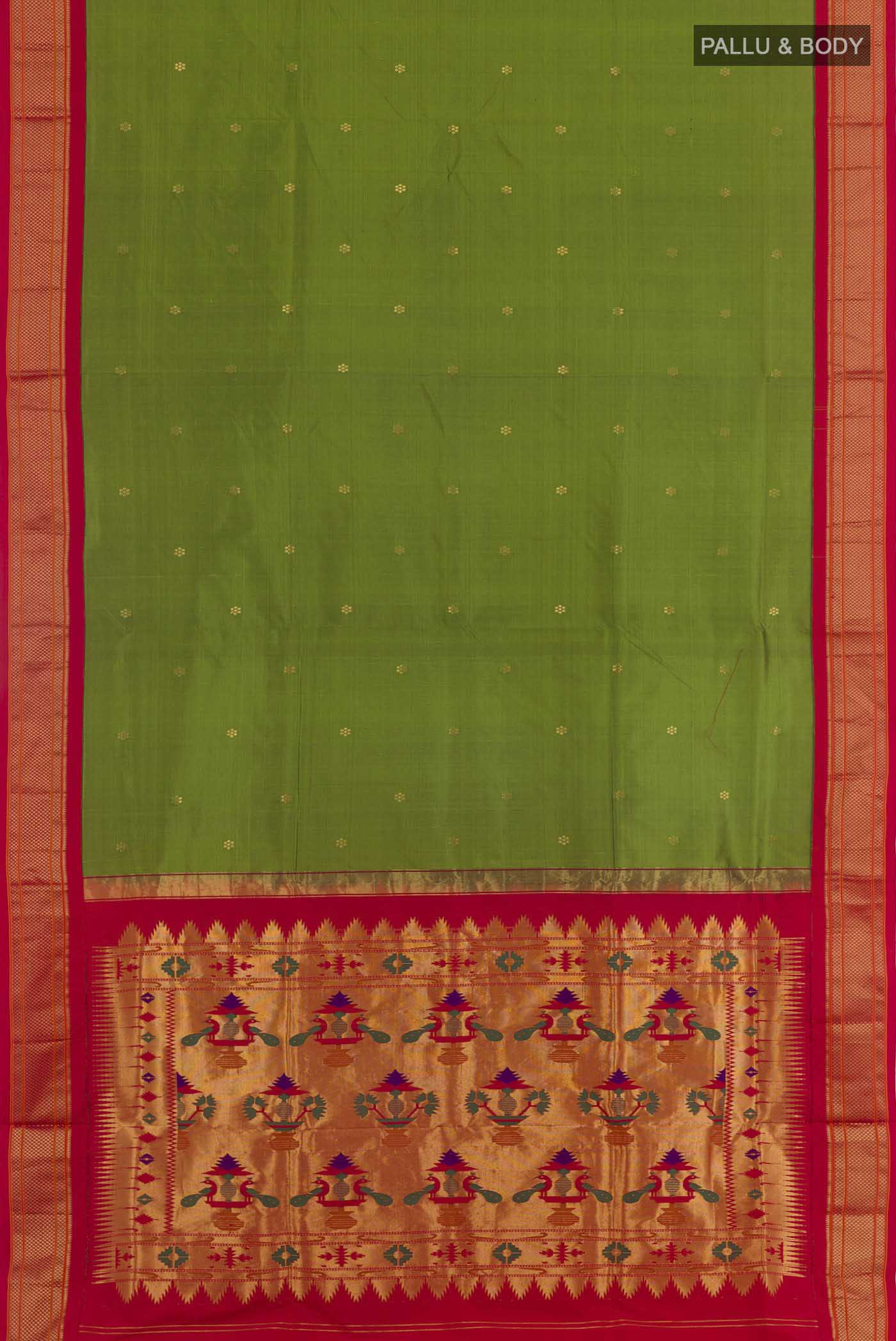 Flat view of Green Soft Silk Saree with Zari Butta on the body and Zari Border. 