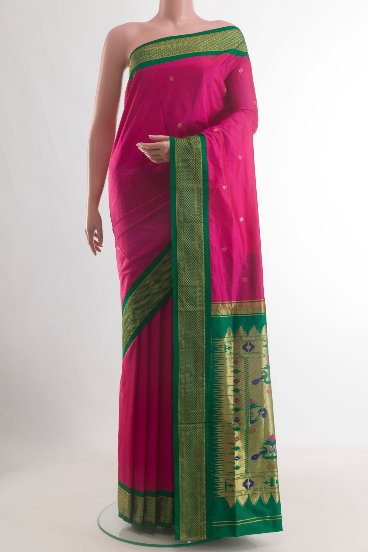 Pink Paithani Silk Saree with Zari Butta on the body and Zari Border.  displayed on a mannequin