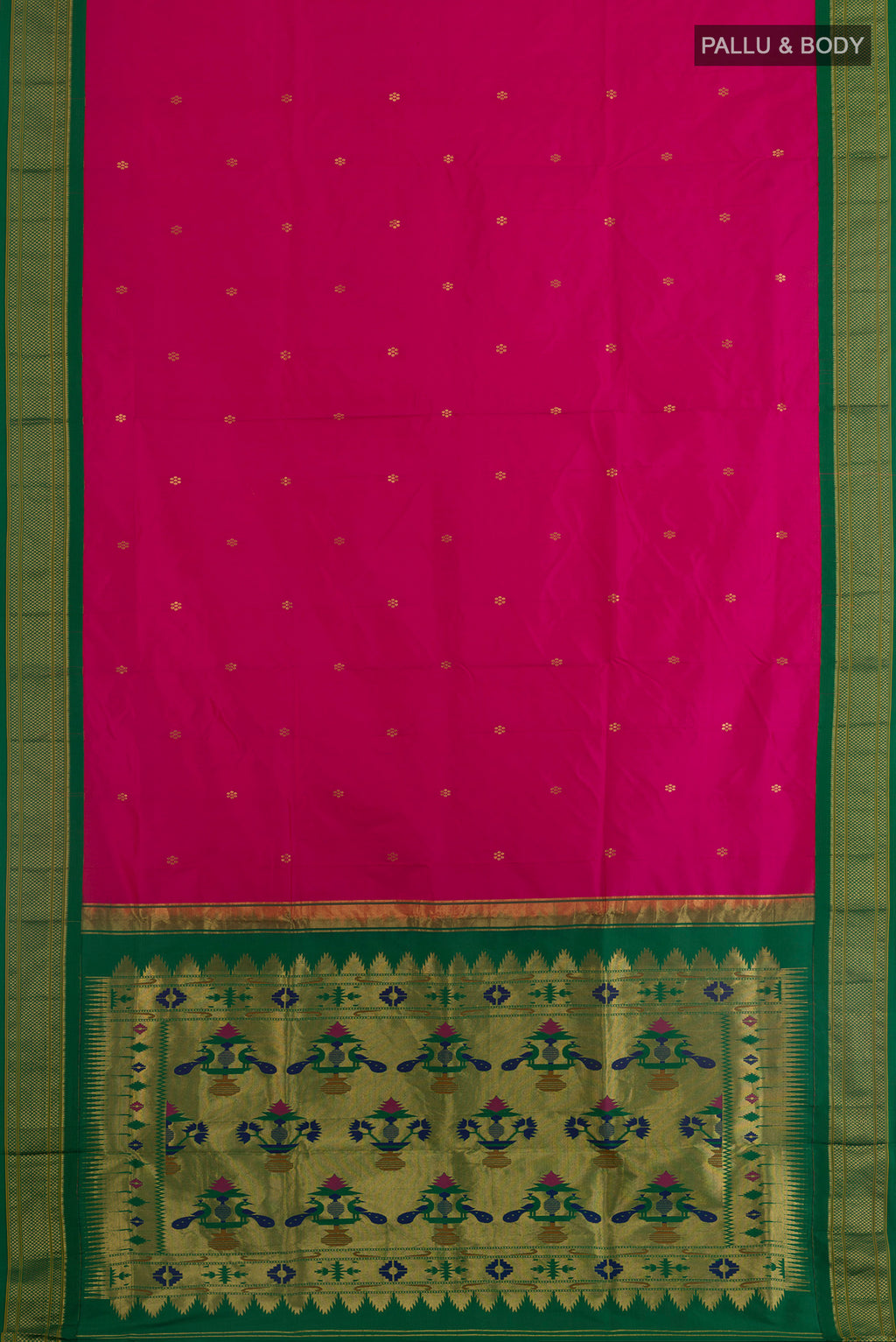Flat view of Pink Paithani Silk Saree with Zari Butta on the body and Zari Border. 