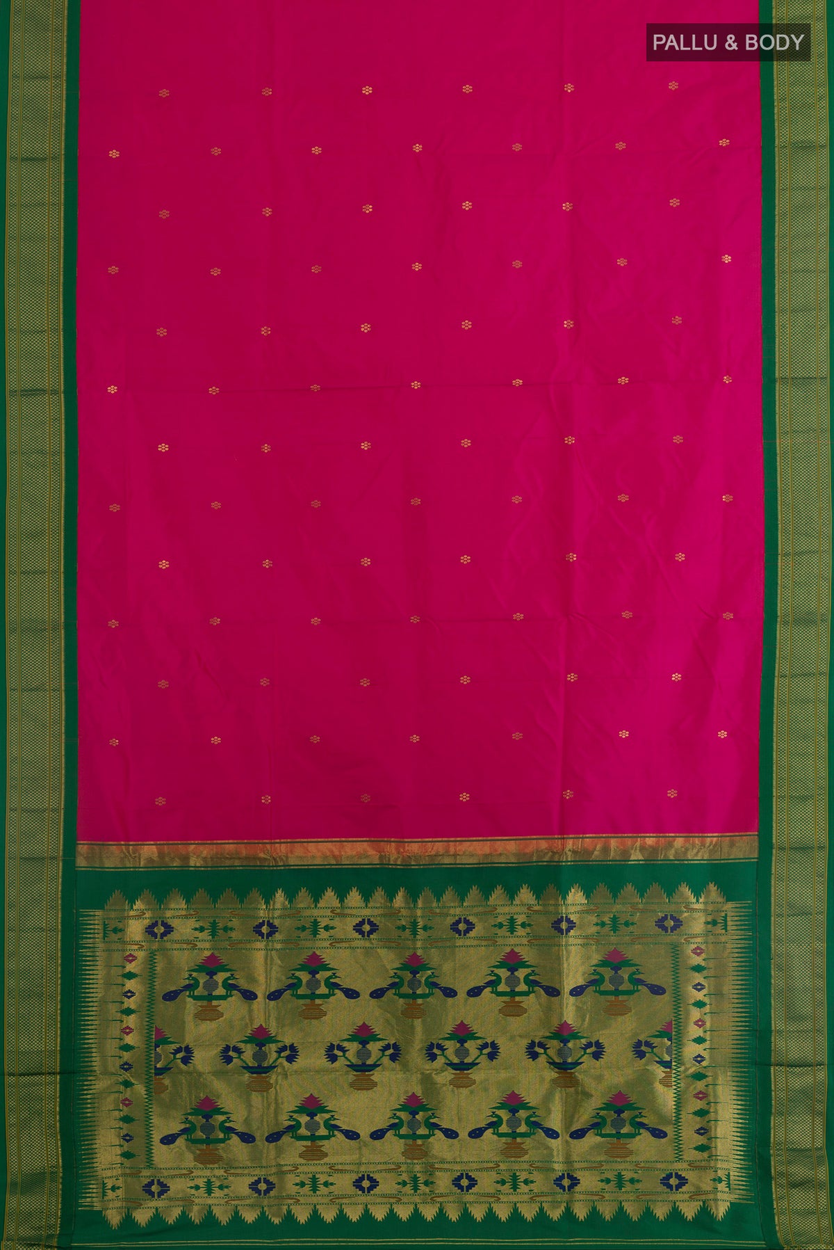 Flat view of Pink Paithani Silk Saree with Zari Butta on the body and Zari Border. 