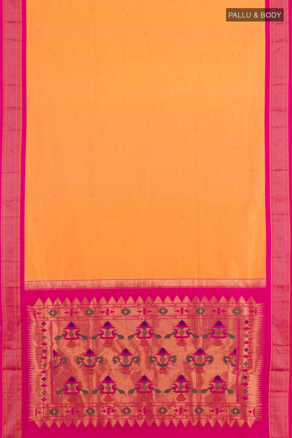 Flat view of Orange Soft Silk Saree with Zari Butta on the body and Zari Border. 