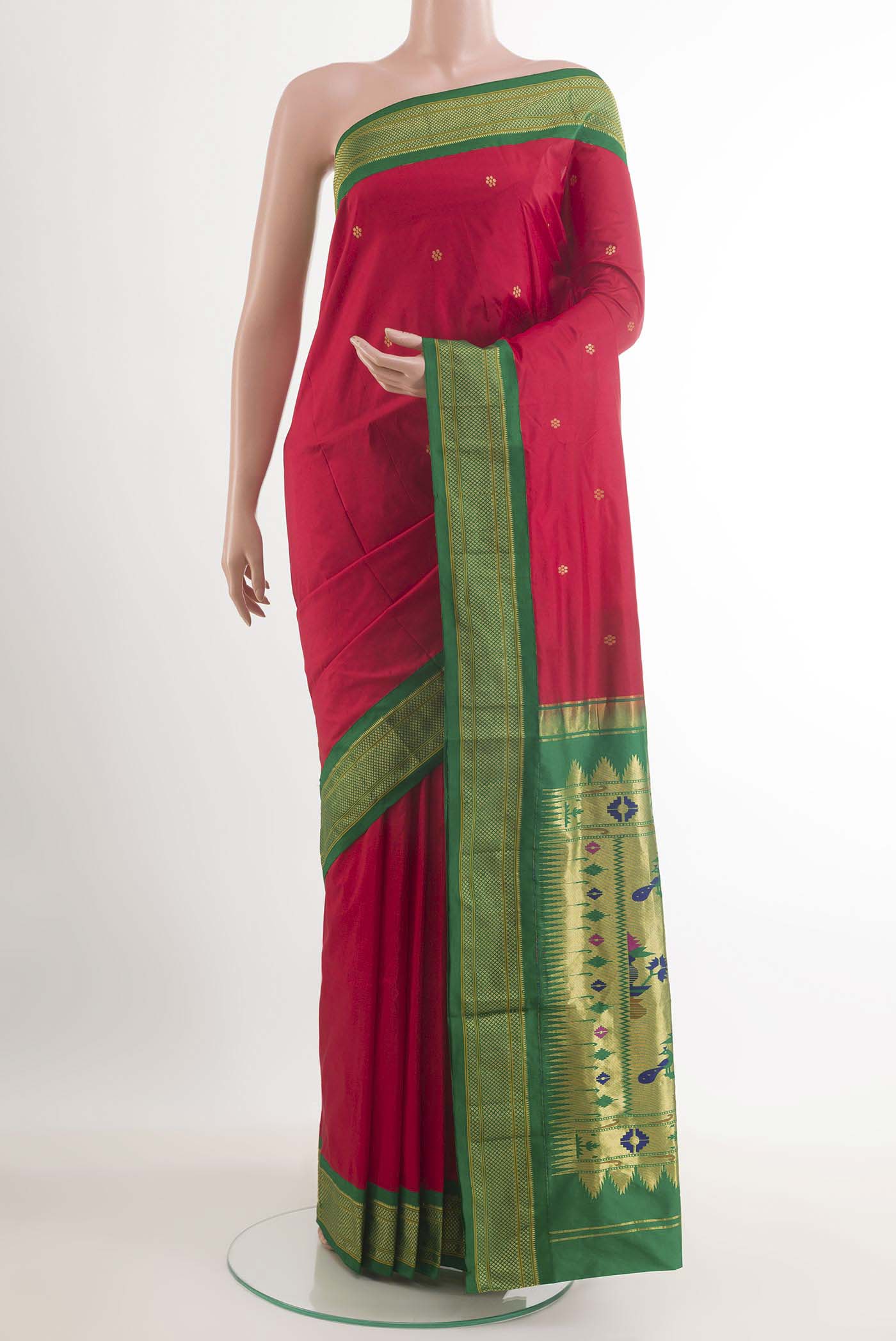Red Soft Silk Saree with Zari Butta on the body and Zari Border.  displayed on a mannequin