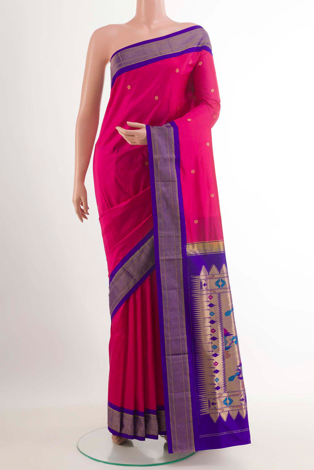 Pink Soft Silk Saree with Zari Butta on the body and Zari Border.  displayed on a mannequin
