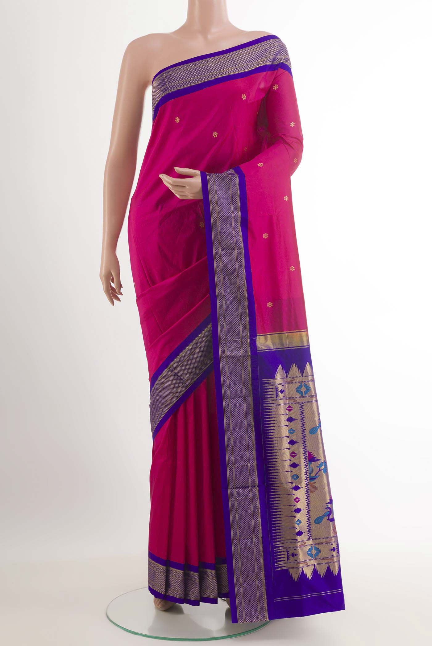 Pink Soft Silk Saree with Zari Butta on the body and Zari Border.  displayed on a mannequin