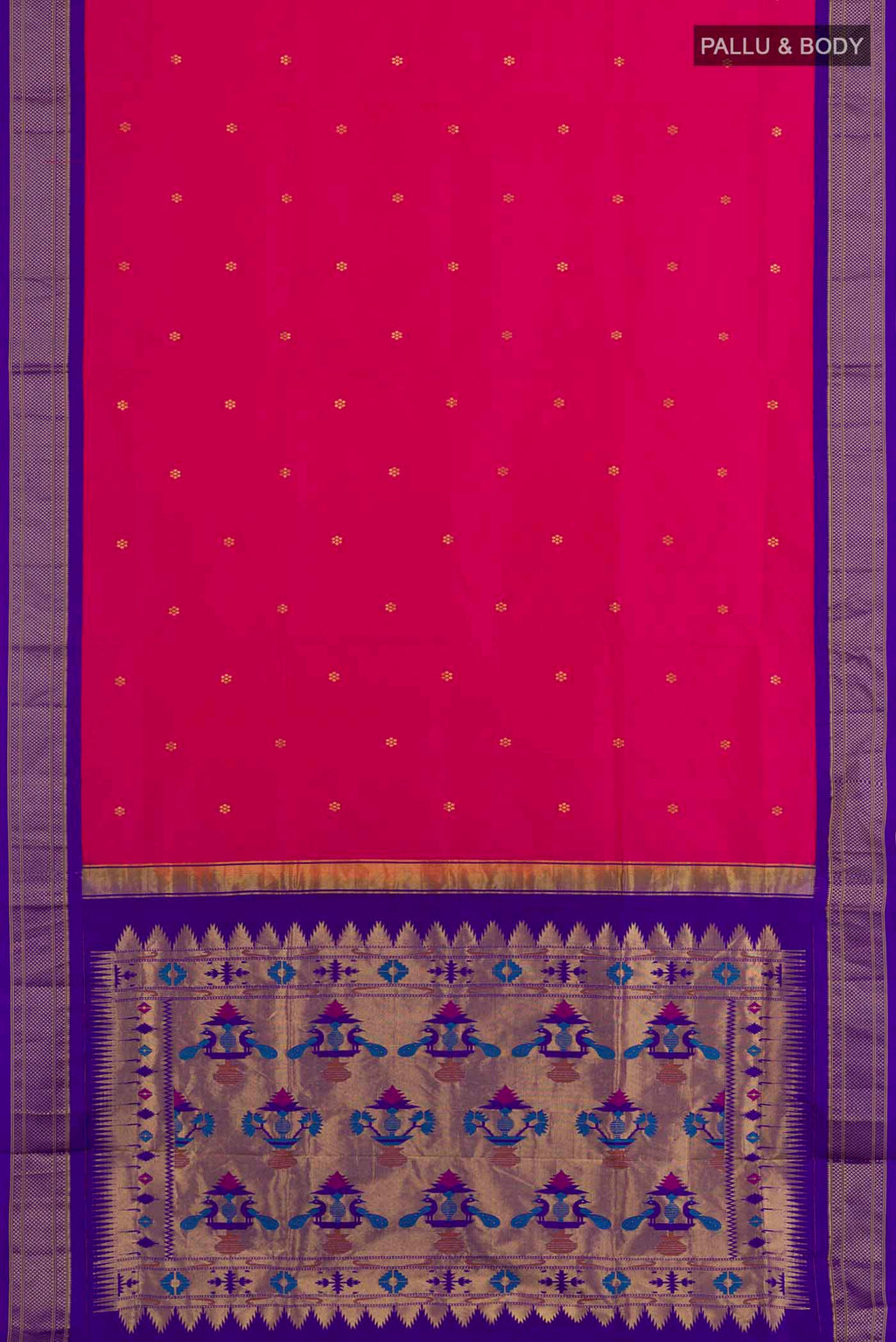 Flat view of Pink Soft Silk Saree with Zari Butta on the body and Zari Border. 