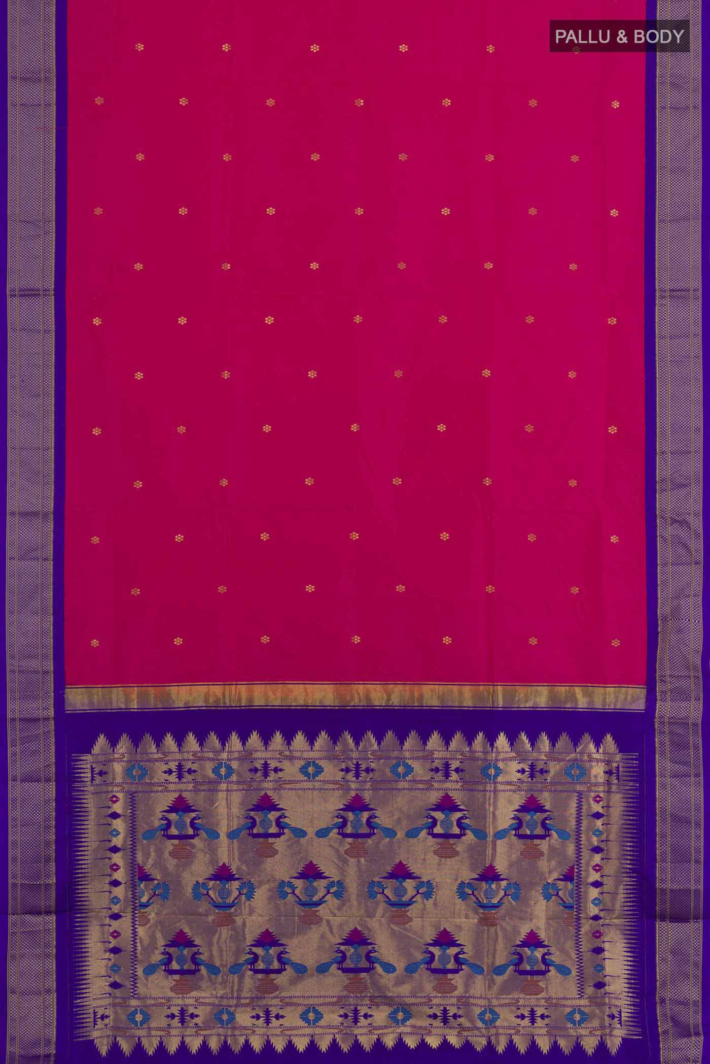 Flat view of Pink Soft Silk Saree with Zari Butta on the body and Zari Border. 