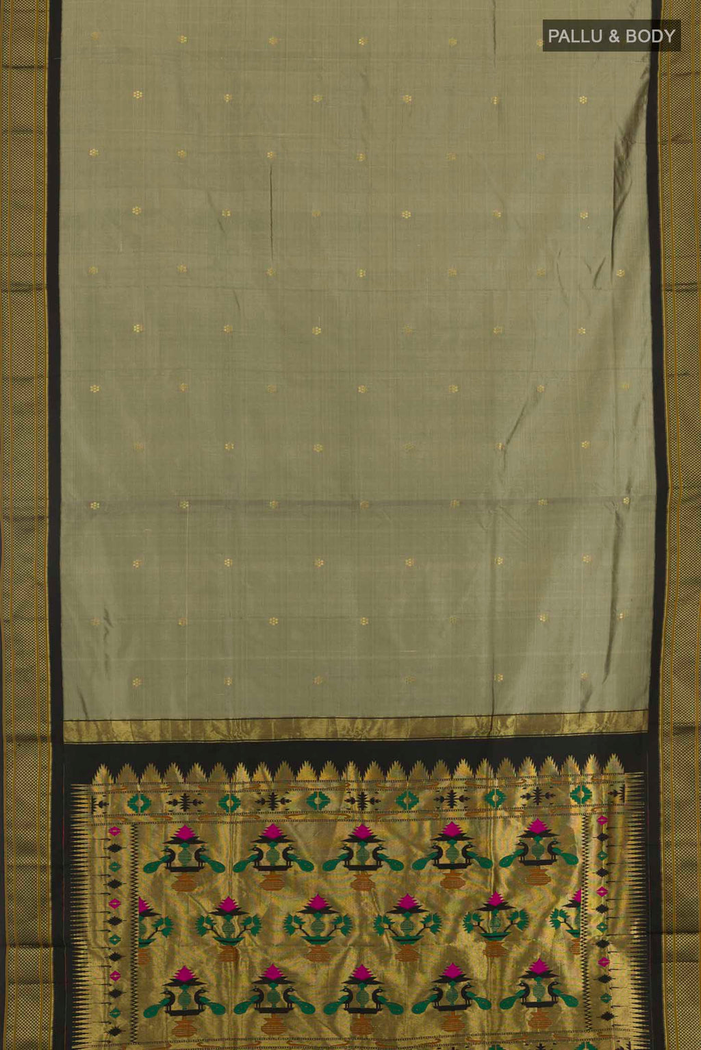 Flat view of Davys Grey Soft Silk Saree with Zari Butta on the body and Zari Border. 