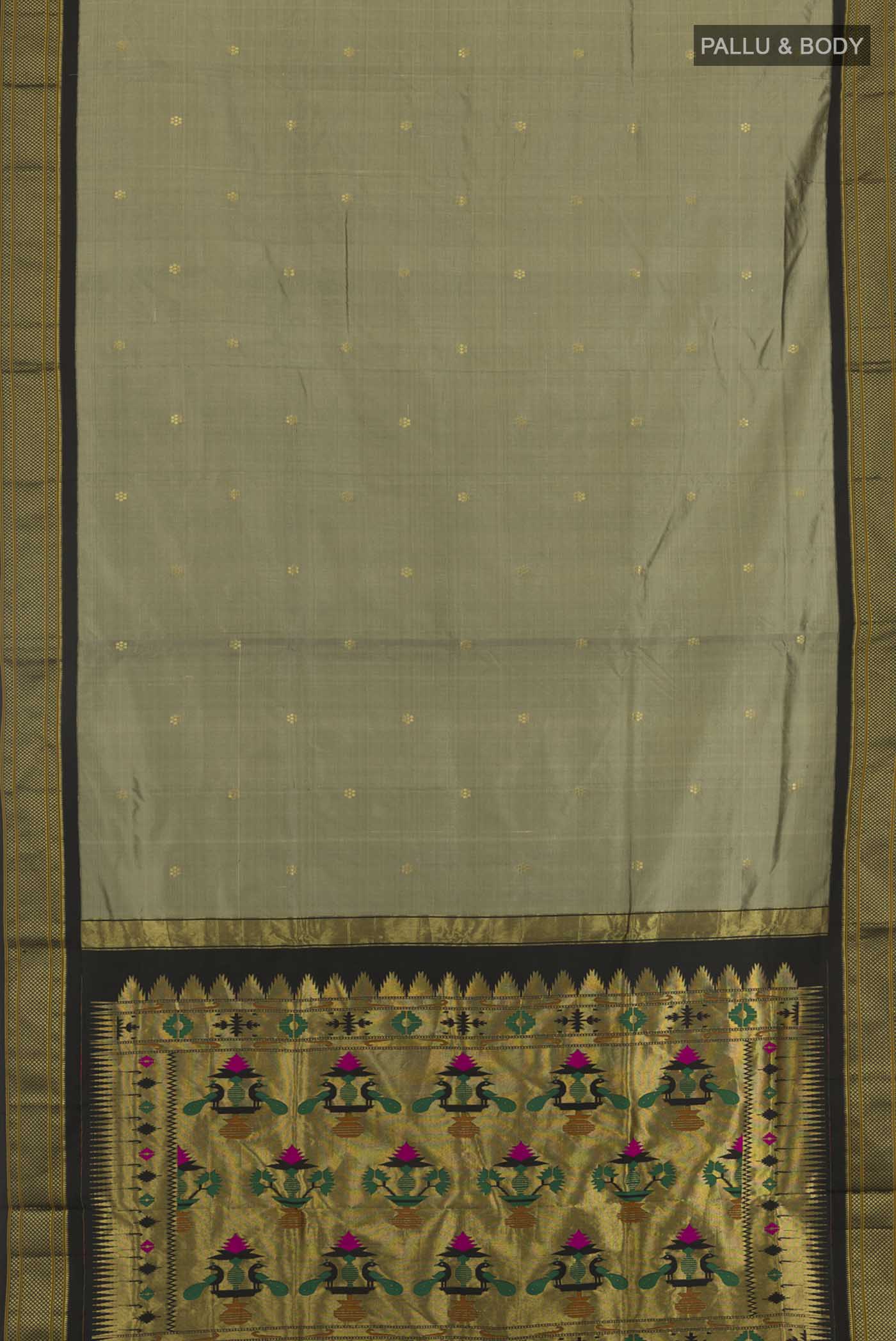 Flat view of Davys Grey Soft Silk Saree with Zari Butta on the body and Zari Border. 