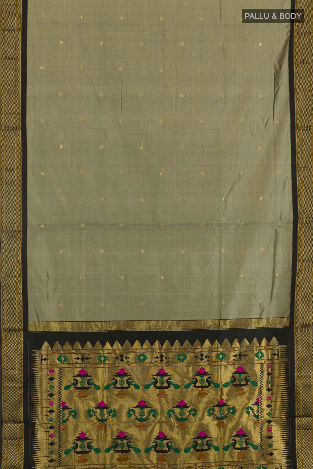 Flat view of Davys Grey Soft Silk Saree with Zari Butta on the body and Zari Border. 