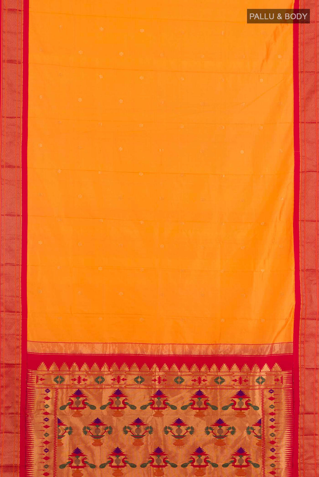 Flat view of Yellow Gadwal Silk Saree with Zari Butta on the body and Zari Border. 