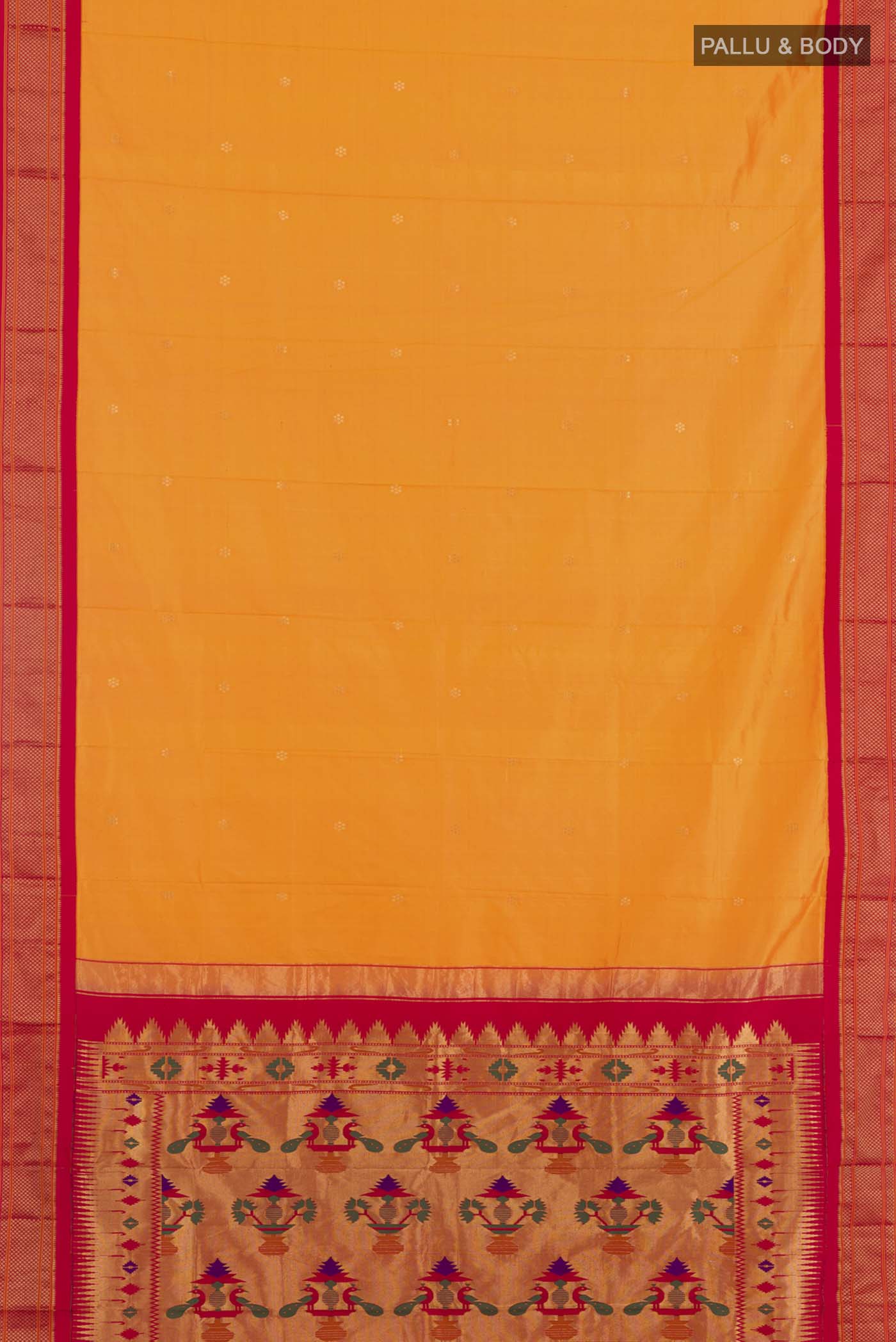 Flat view of Yellow Gadwal Silk Saree with Zari Butta on the body and Zari Border. 