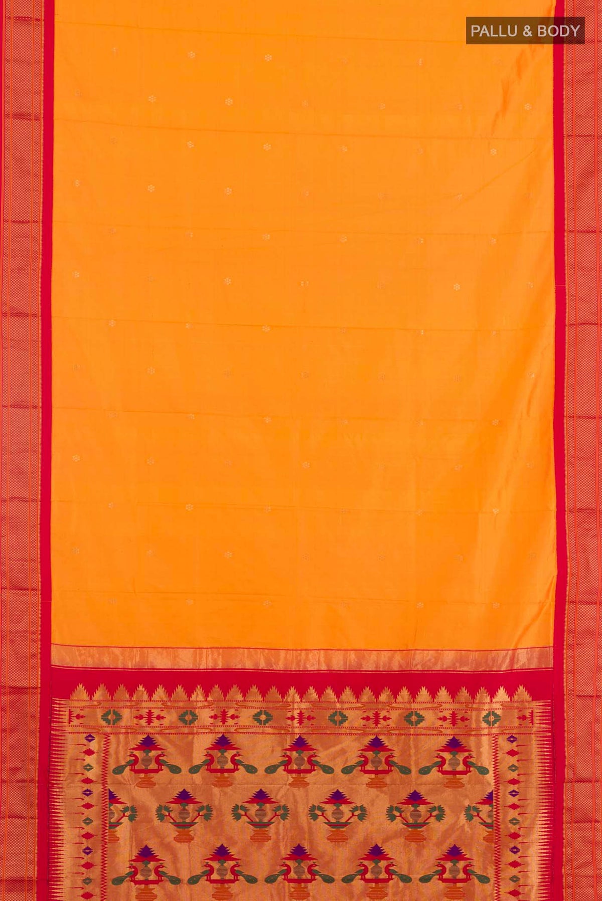 Flat view of Yellow Gadwal Silk Saree with Zari Butta on the body and Zari Border. 