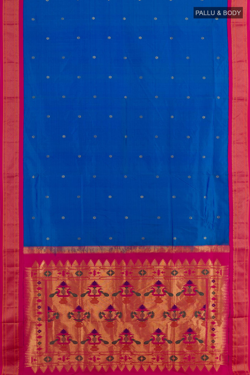 Flat view of Blue Paithani Silk Saree with Zari Butta on the body and Zari Border. 