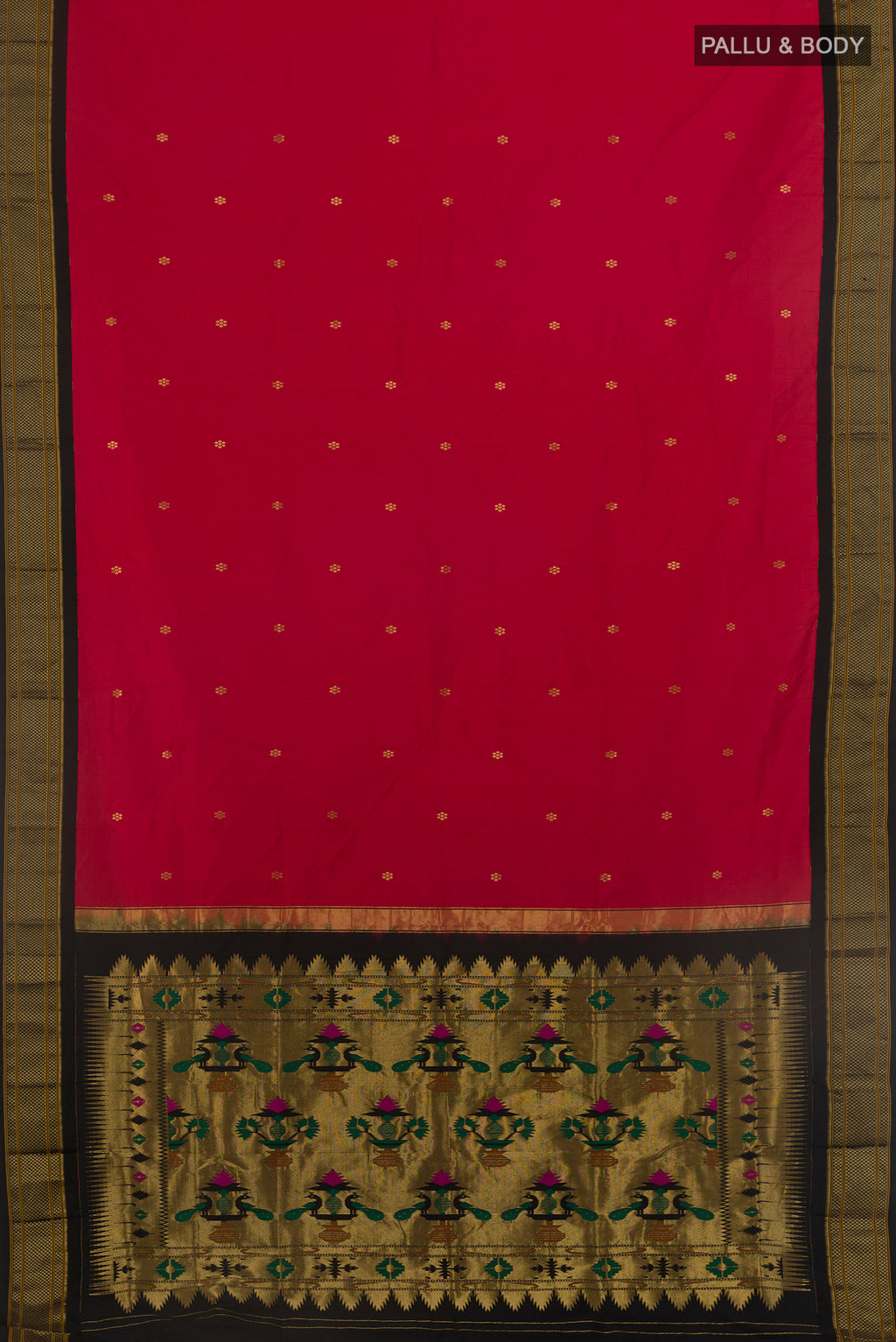 Flat view of Red Paithani Silk Saree with Zari Butta on the body and Zari Border. 
