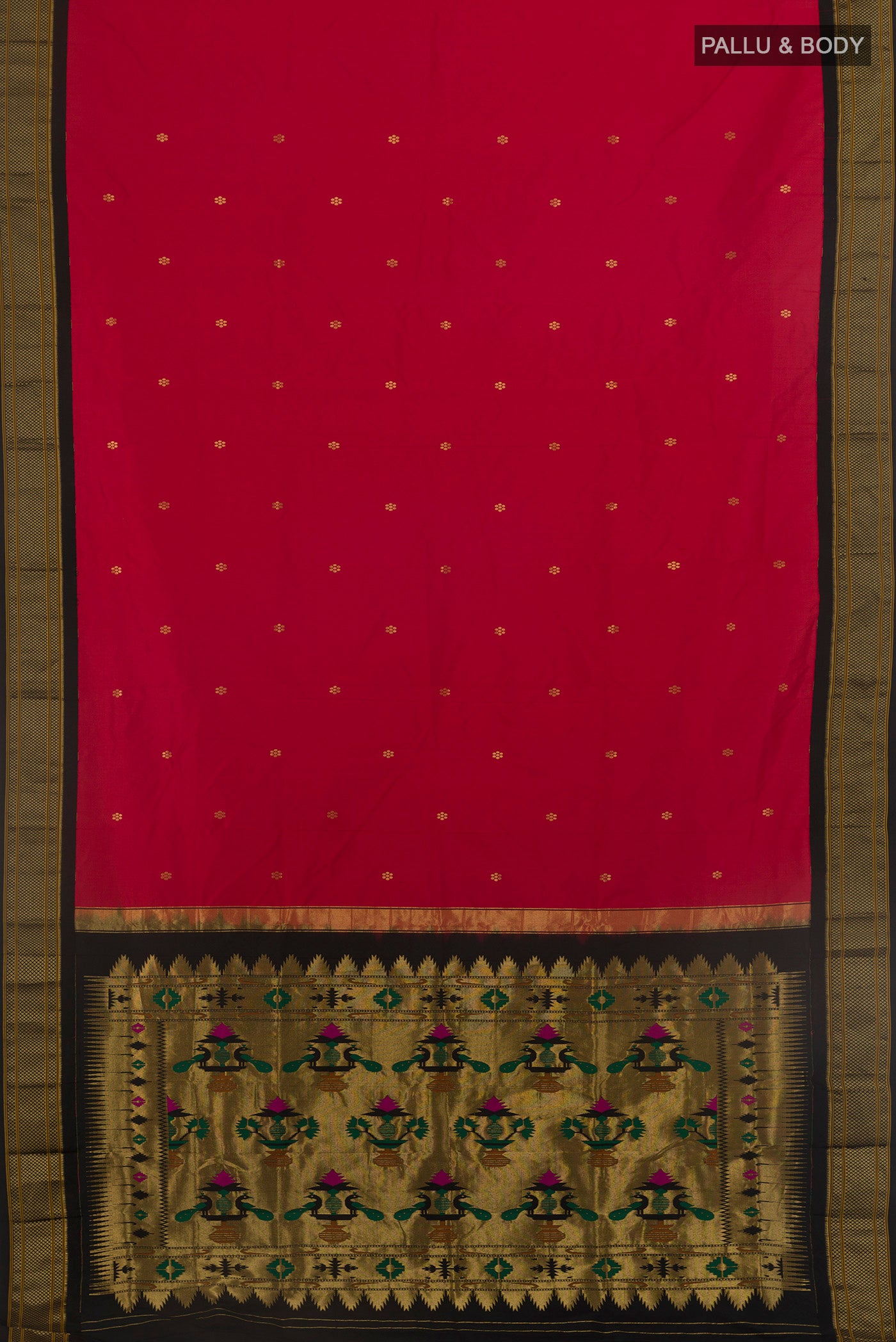 Flat view of Red Paithani Silk Saree with Zari Butta on the body and Zari Border. 