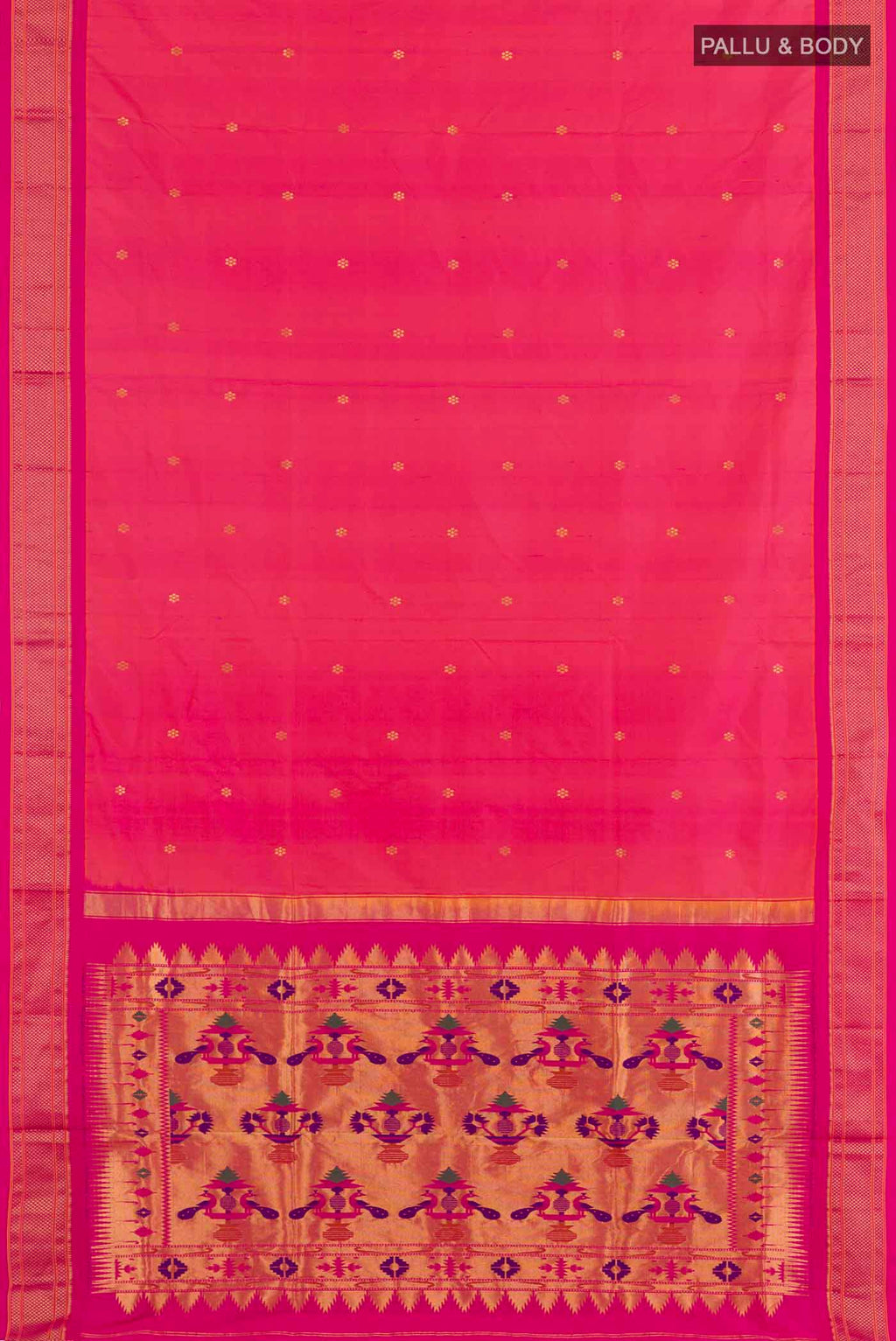 Flat view of Pink Soft Silk Saree with Zari Butta on the body and Zari Border. 