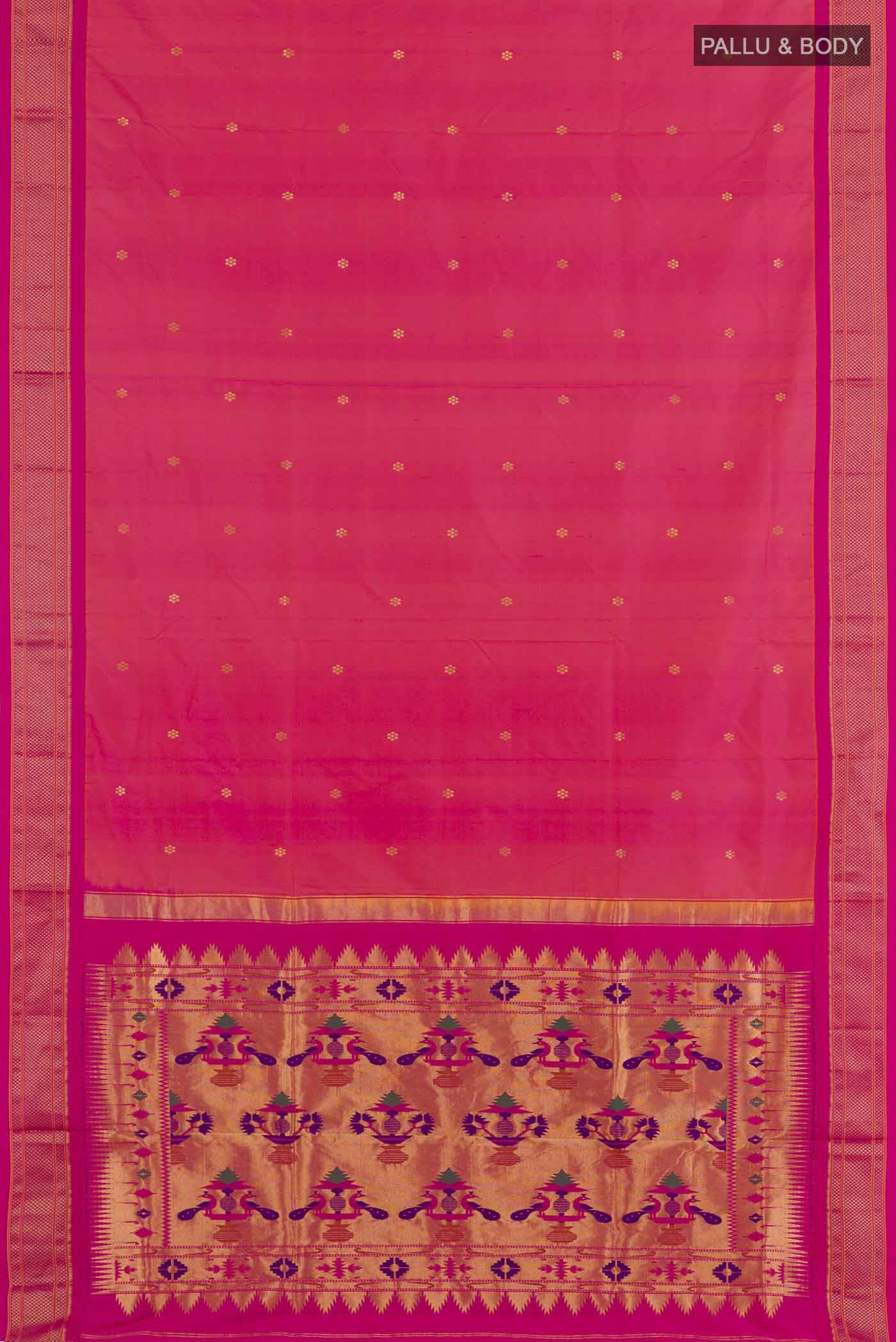 Flat view of Pink Soft Silk Saree with Zari Butta on the body and Zari Border. 