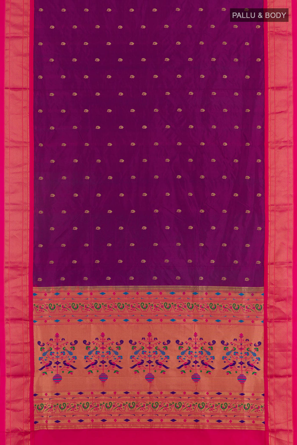 Flat view of Purple Soft Silk Saree with Zari Butta on the body and Zari Border. 