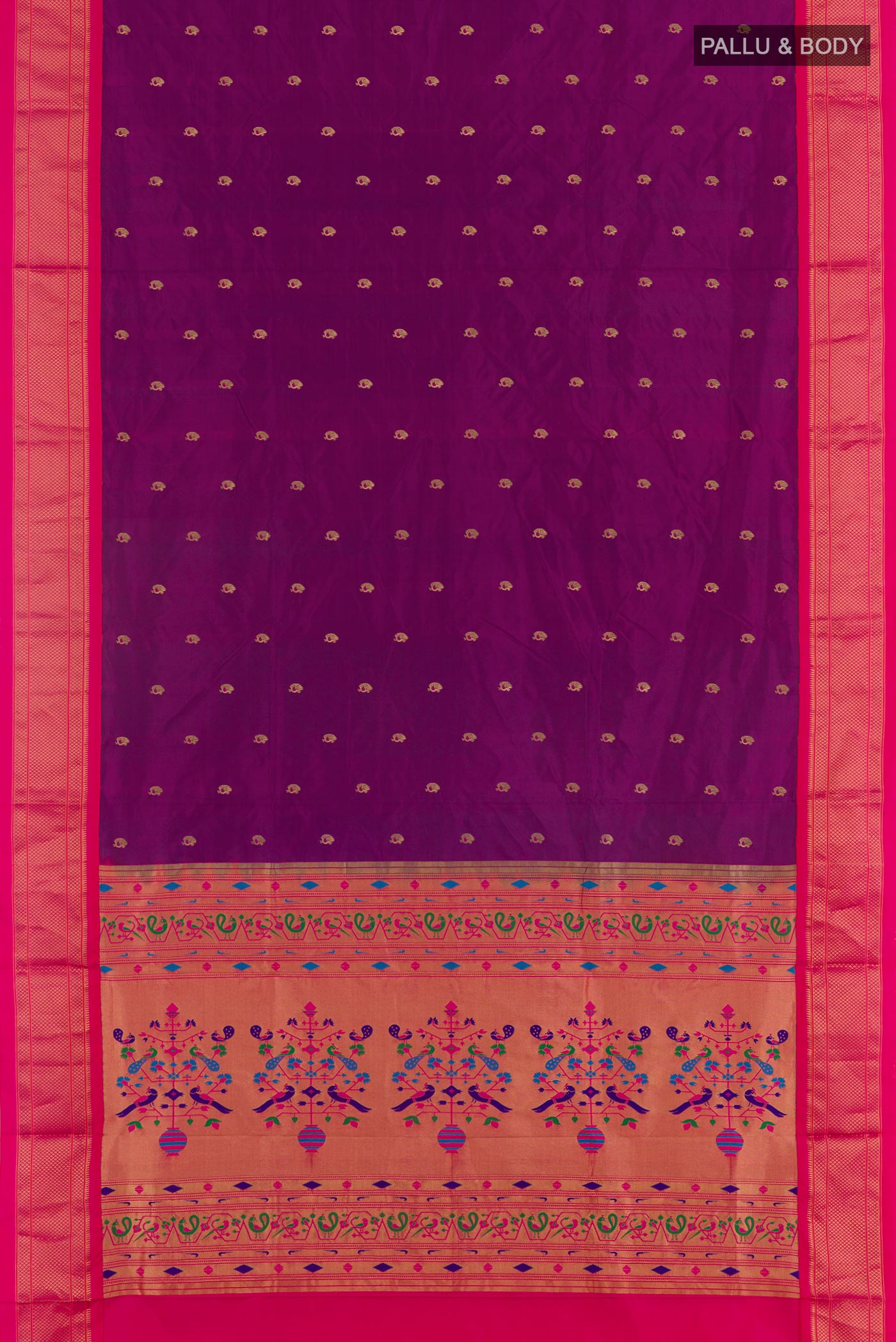 Flat view of Purple Soft Silk Saree with Zari Butta on the body and Zari Border. 