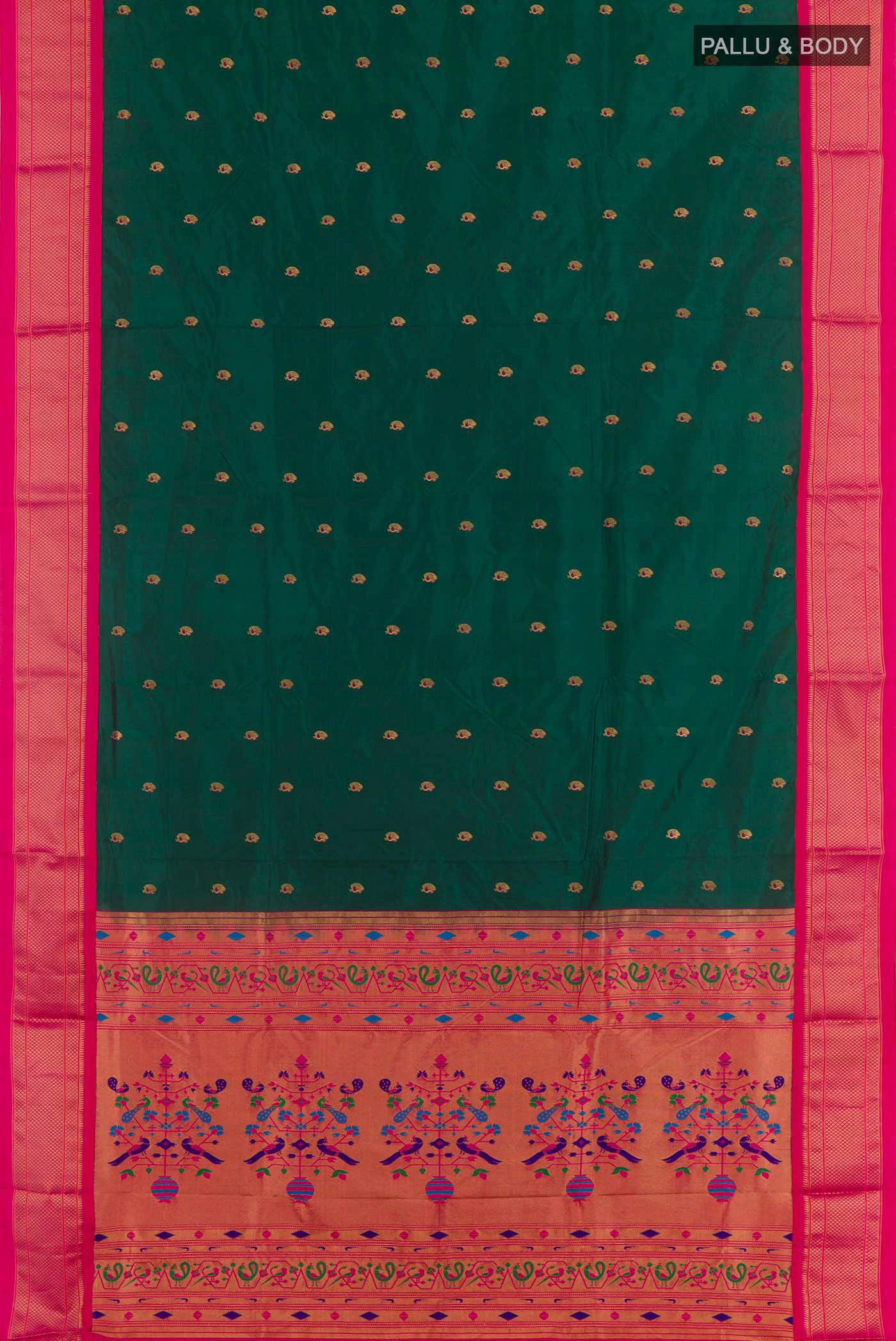Flat view of Green Soft Silk Saree with Zari Butta on the body and Zari Border. 