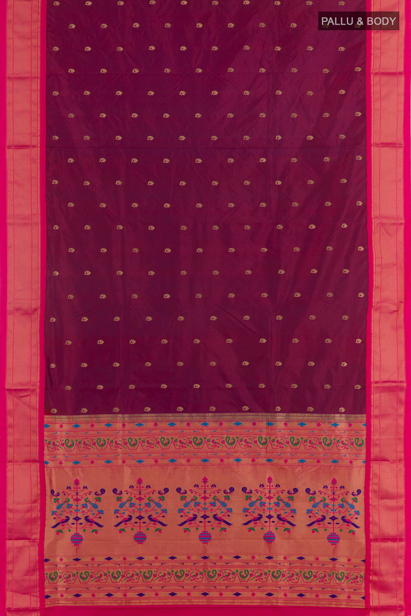Flat view of Purple Soft Silk Saree with Zari Butta on the body and Zari Border. 