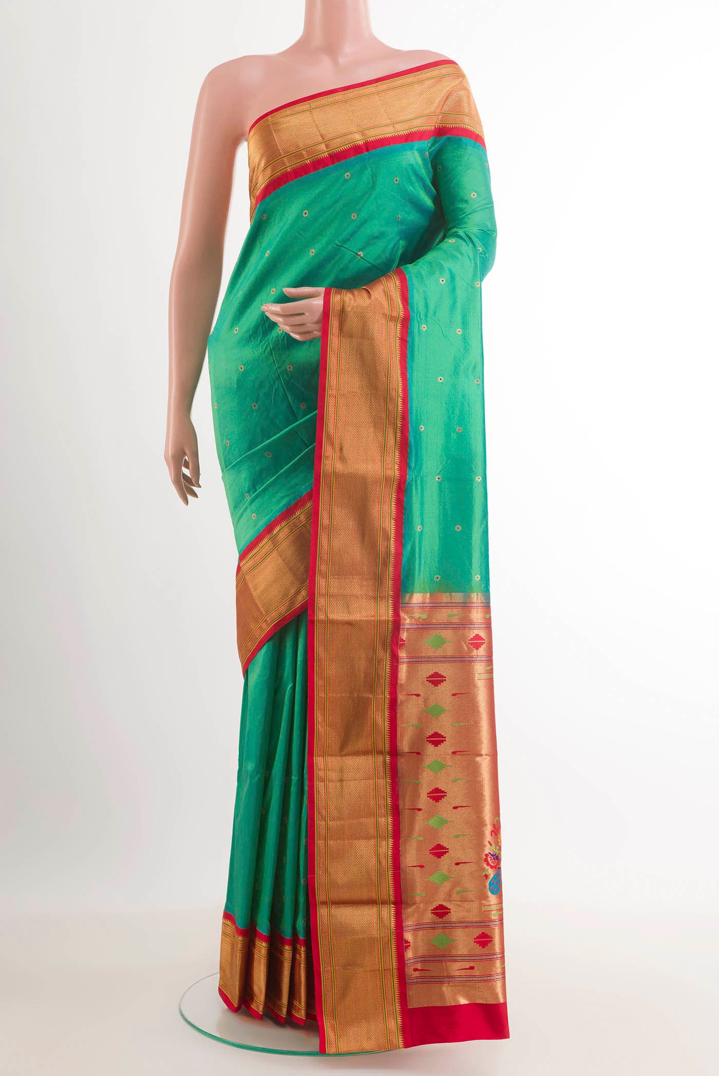 Sea Green Dual Tone Gadwal Silk Saree with Zari Butta on the body and Zari Border.  displayed on a mannequin