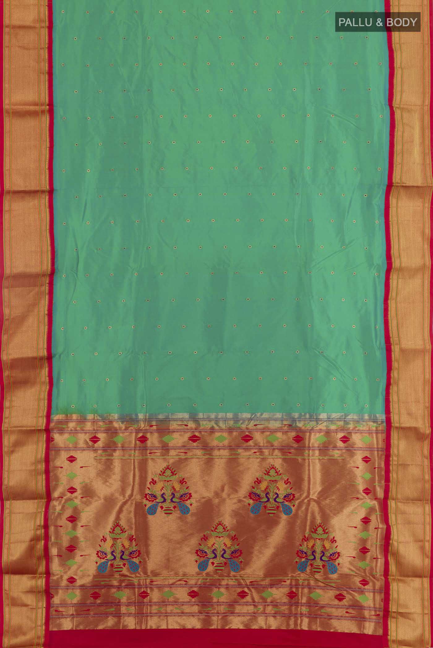 Flat view of Sea Green Dual Tone Gadwal Silk Saree with Zari Butta on the body and Zari Border. 