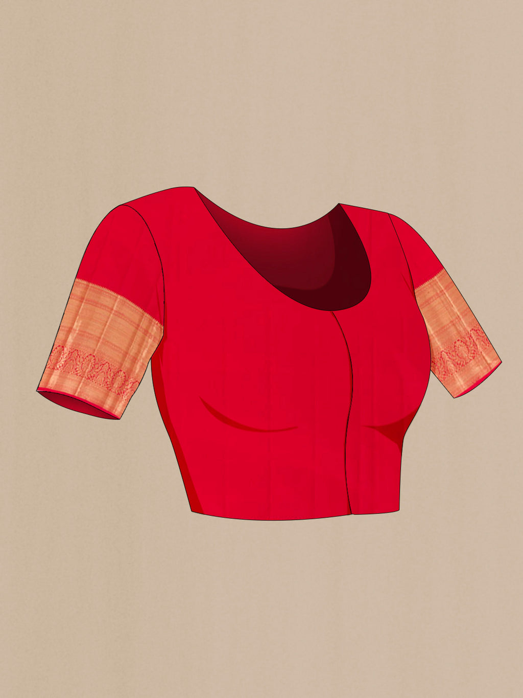 Close up image of the blouse of Red Kanchipuram Silk Saree with Zari Brocade on the body and Zari Border. 