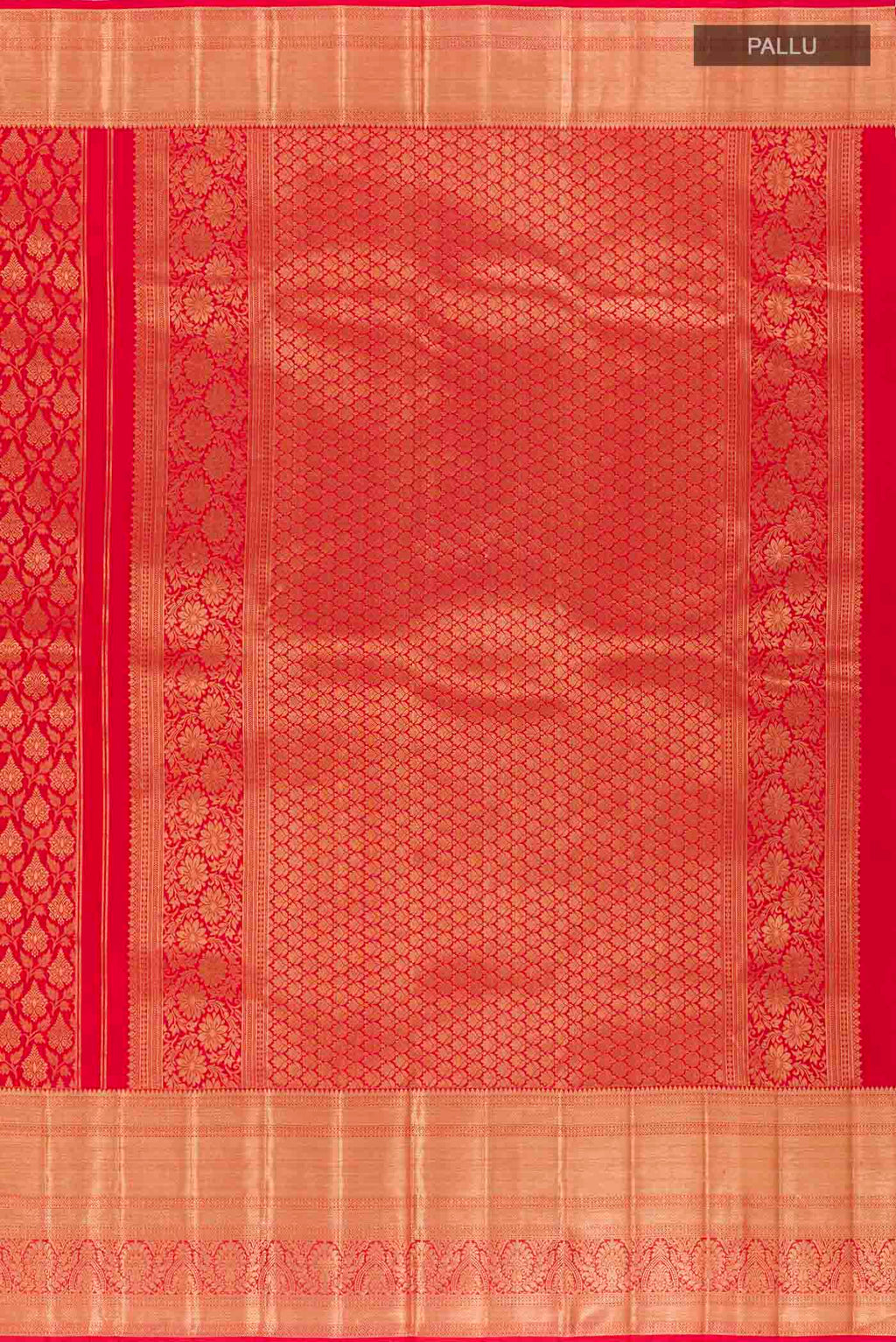 Close up image of the pallu of Red Kanchipuram Silk Saree with Zari Brocade on the body and Zari Border. 