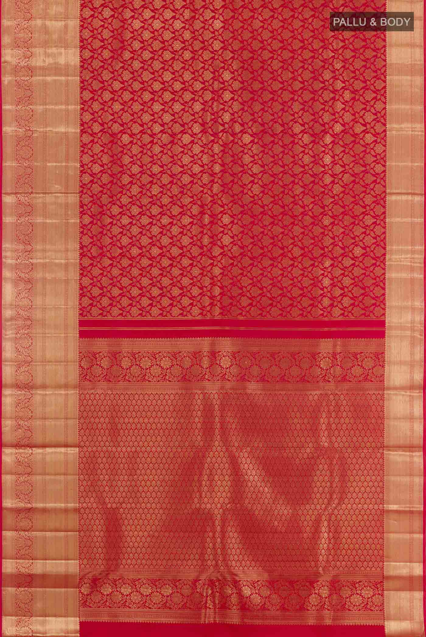 Flat view of Red Kanchipuram Silk Saree with Zari Brocade on the body and Zari Border. 