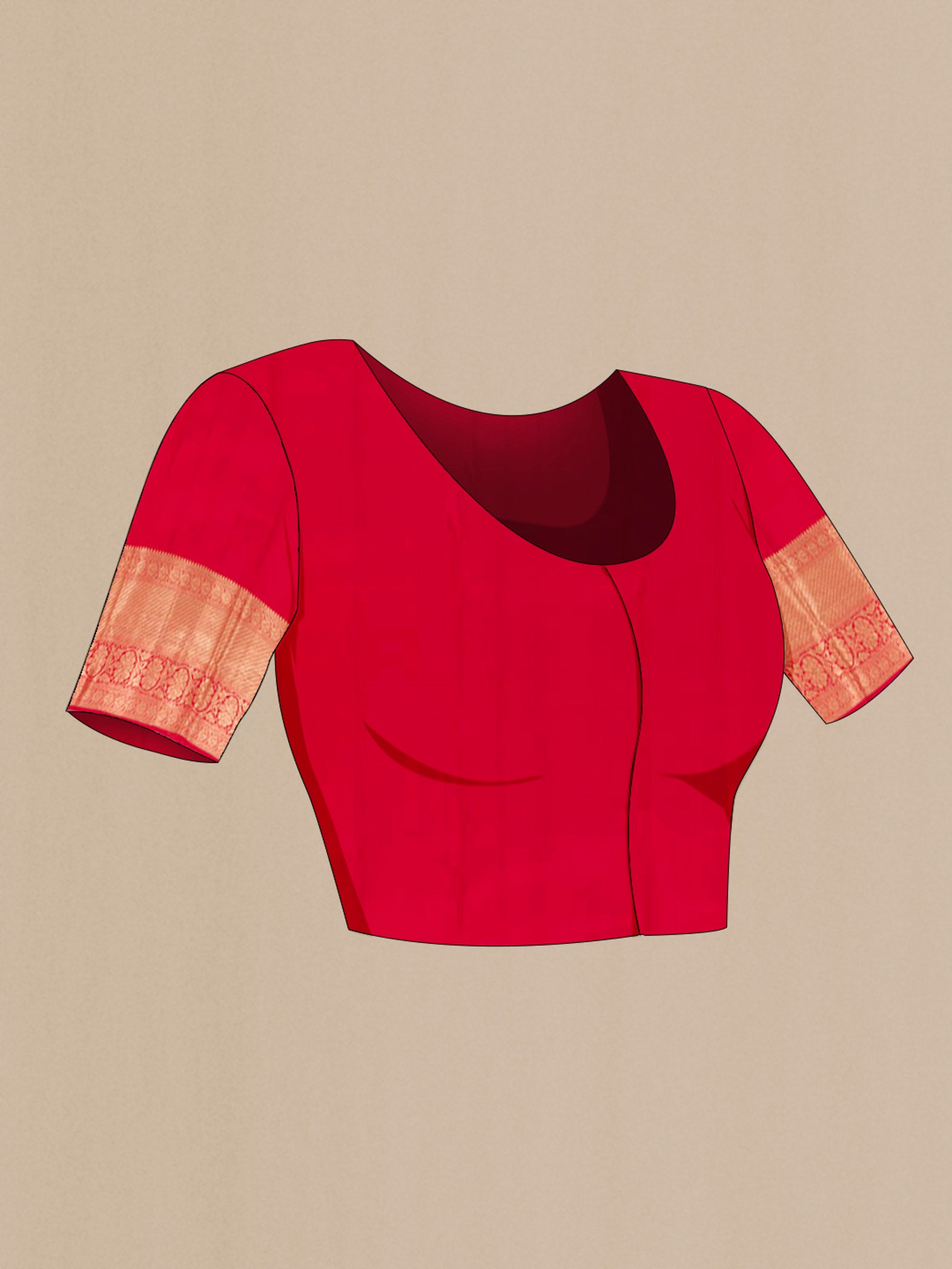 Close up image of the blouse of Red Dual Tone Kanchipuram Silk Saree with Zari Brocade on the body and Zari Border. 