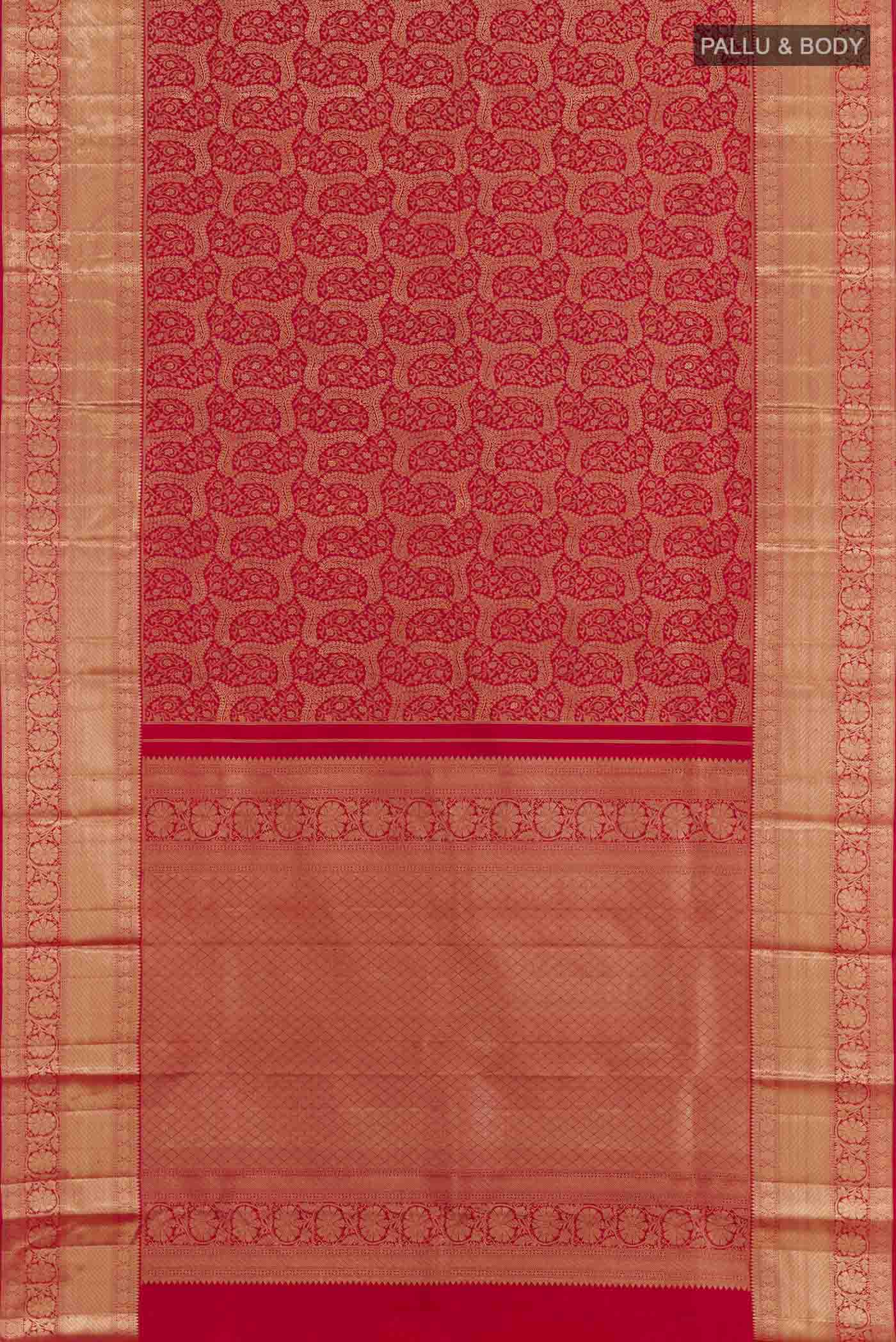 Flat view of Red Dual Tone Kanchipuram Silk Saree with Zari Brocade on the body and Zari Border. 