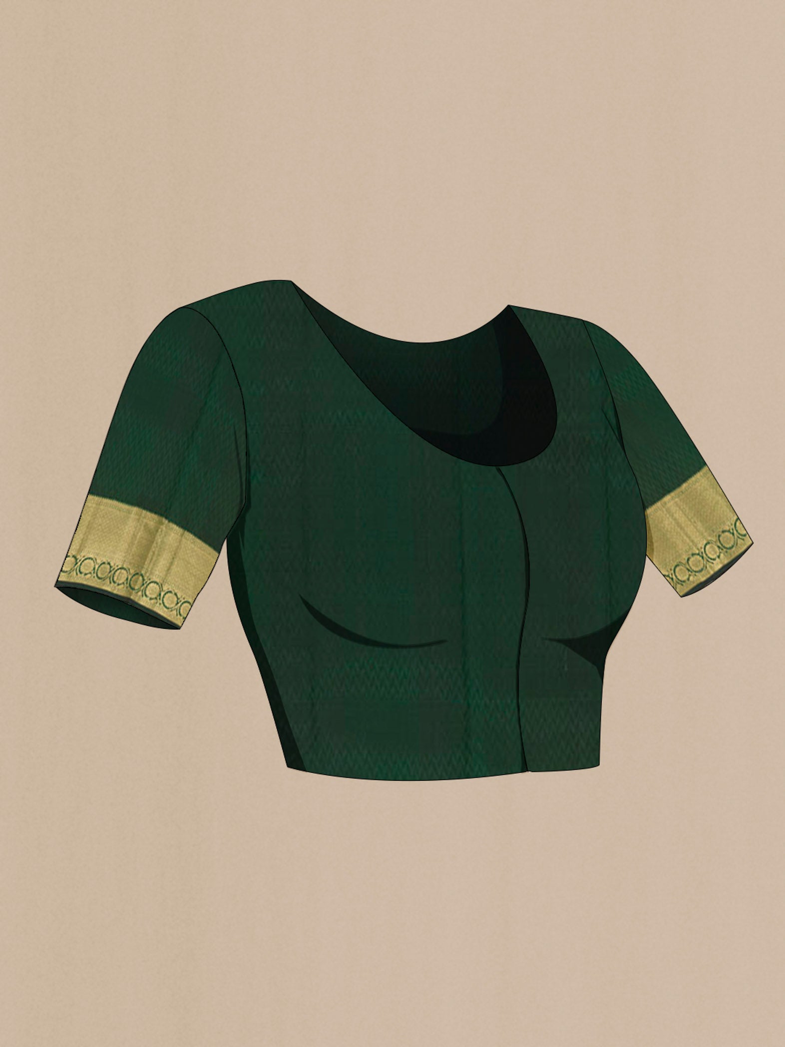 Close up image of the blouse of Bottle Green Kanchipuram Silk Saree with Zari Brocade on the body and Zari Border. 