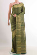 Bottle Green Kanchipuram Silk Saree with Zari Brocade on the body and Zari Border.  displayed on a mannequin