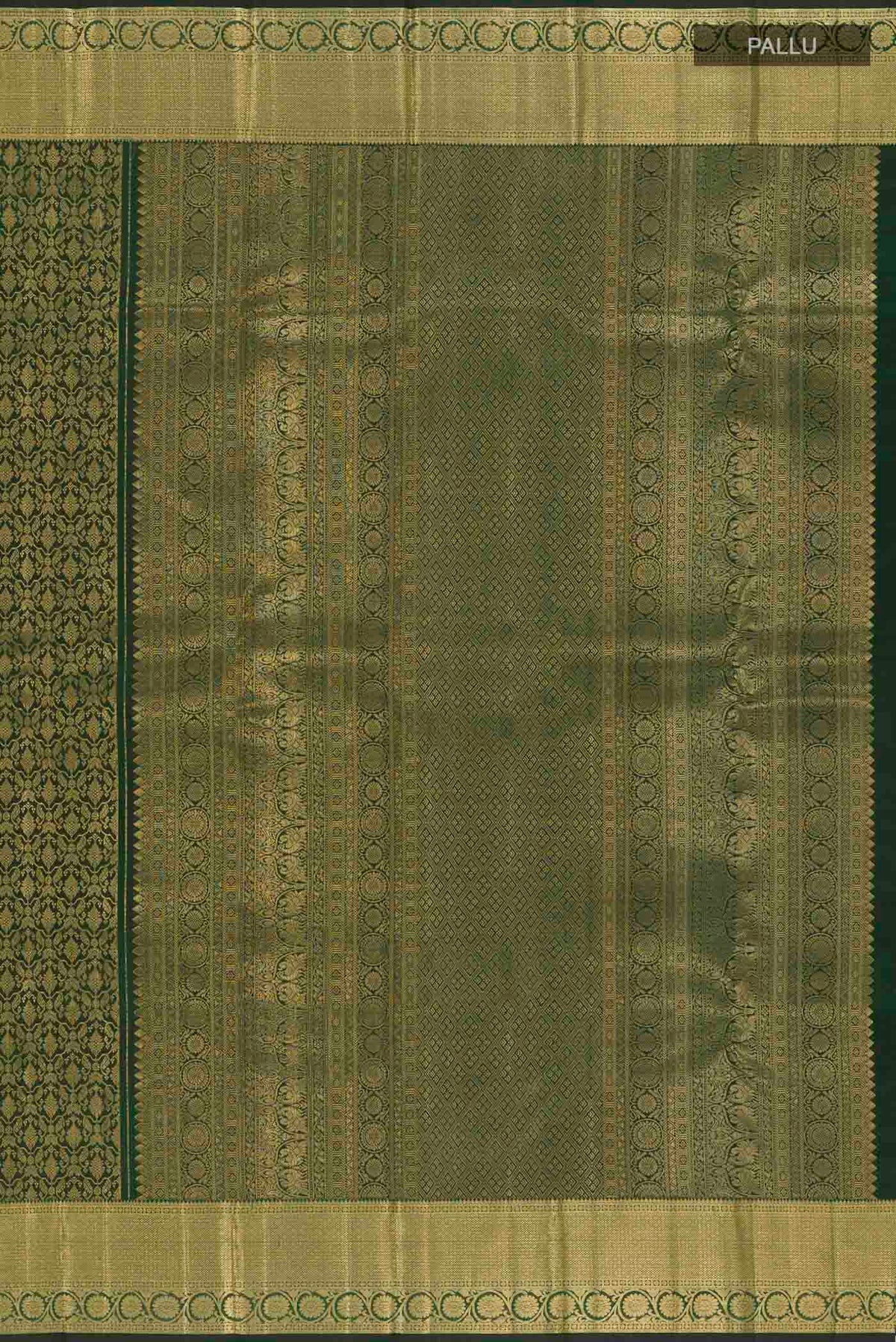 Close up image of the pallu of Bottle Green Kanchipuram Silk Saree with Zari Brocade on the body and Zari Border. 