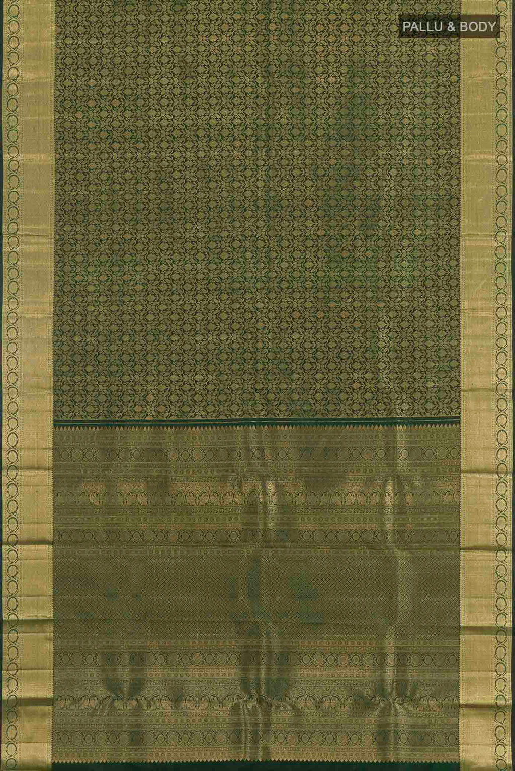 Flat view of Bottle Green Kanchipuram Silk Saree with Zari Brocade on the body and Zari Border. 