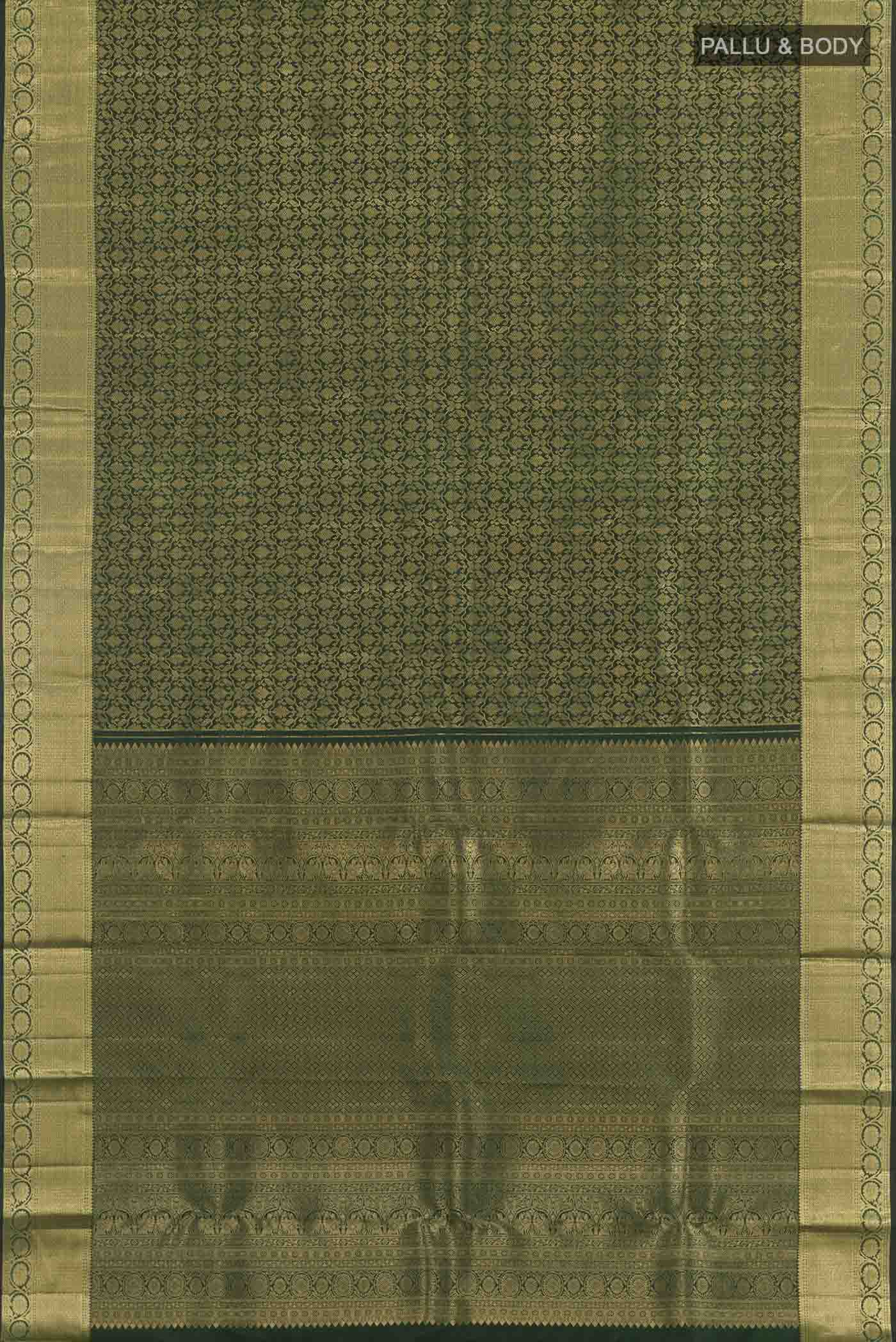 Flat view of Bottle Green Kanchipuram Silk Saree with Zari Brocade on the body and Zari Border. 