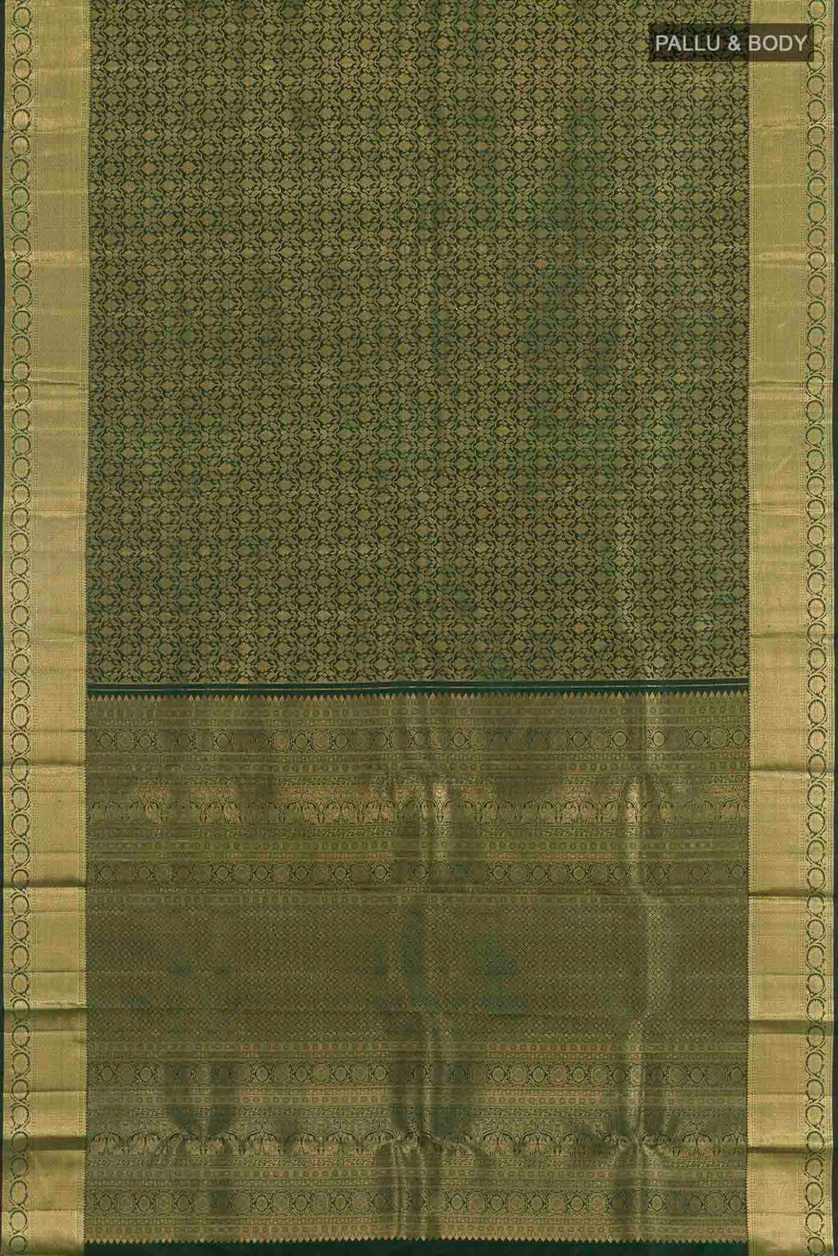 Flat view of Bottle Green Kanchipuram Silk Saree with Zari Brocade on the body and Zari Border. 