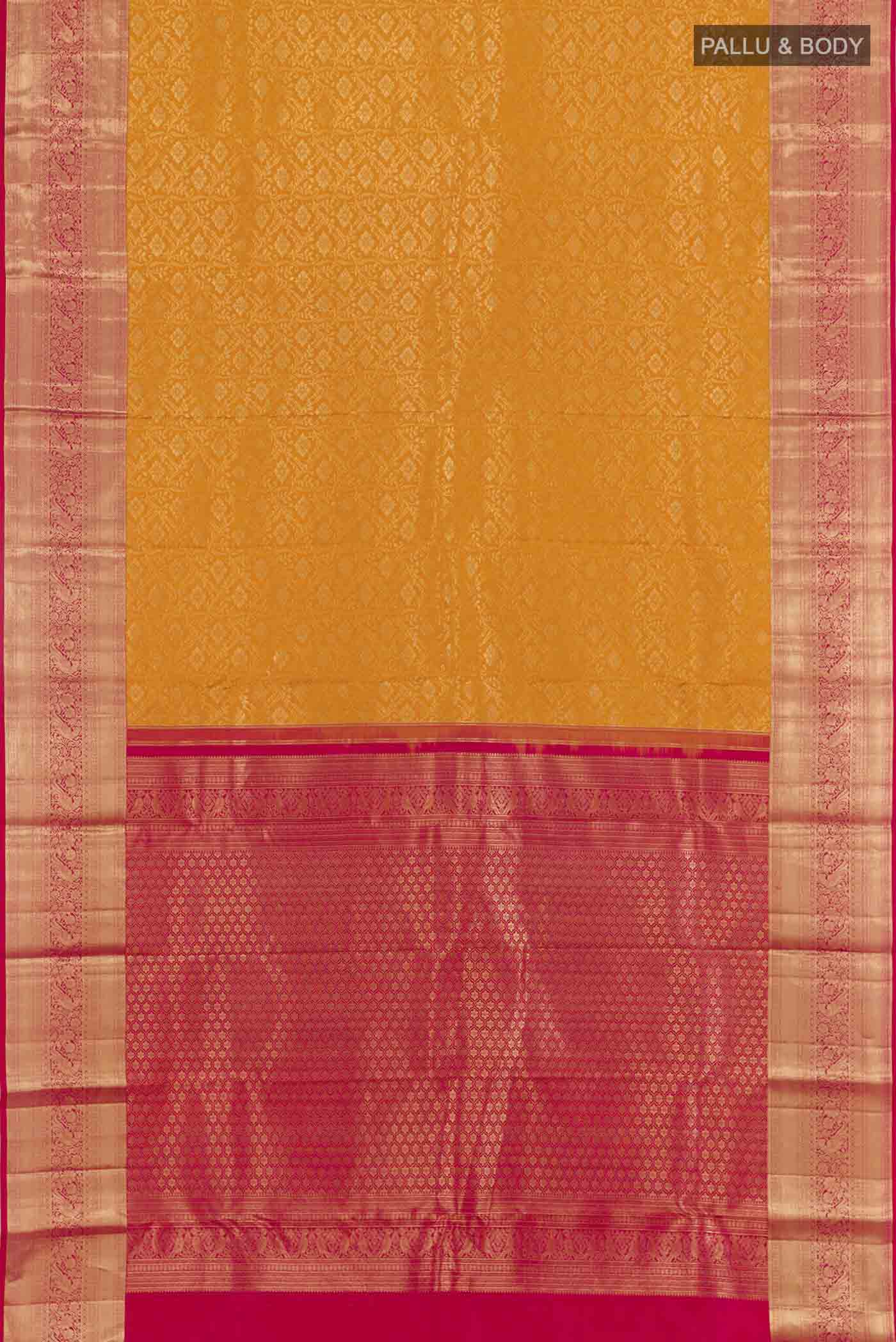 Flat view of Yellow Kanchipuram Silk Saree with Zari Brocade on the body and Zari Border. 