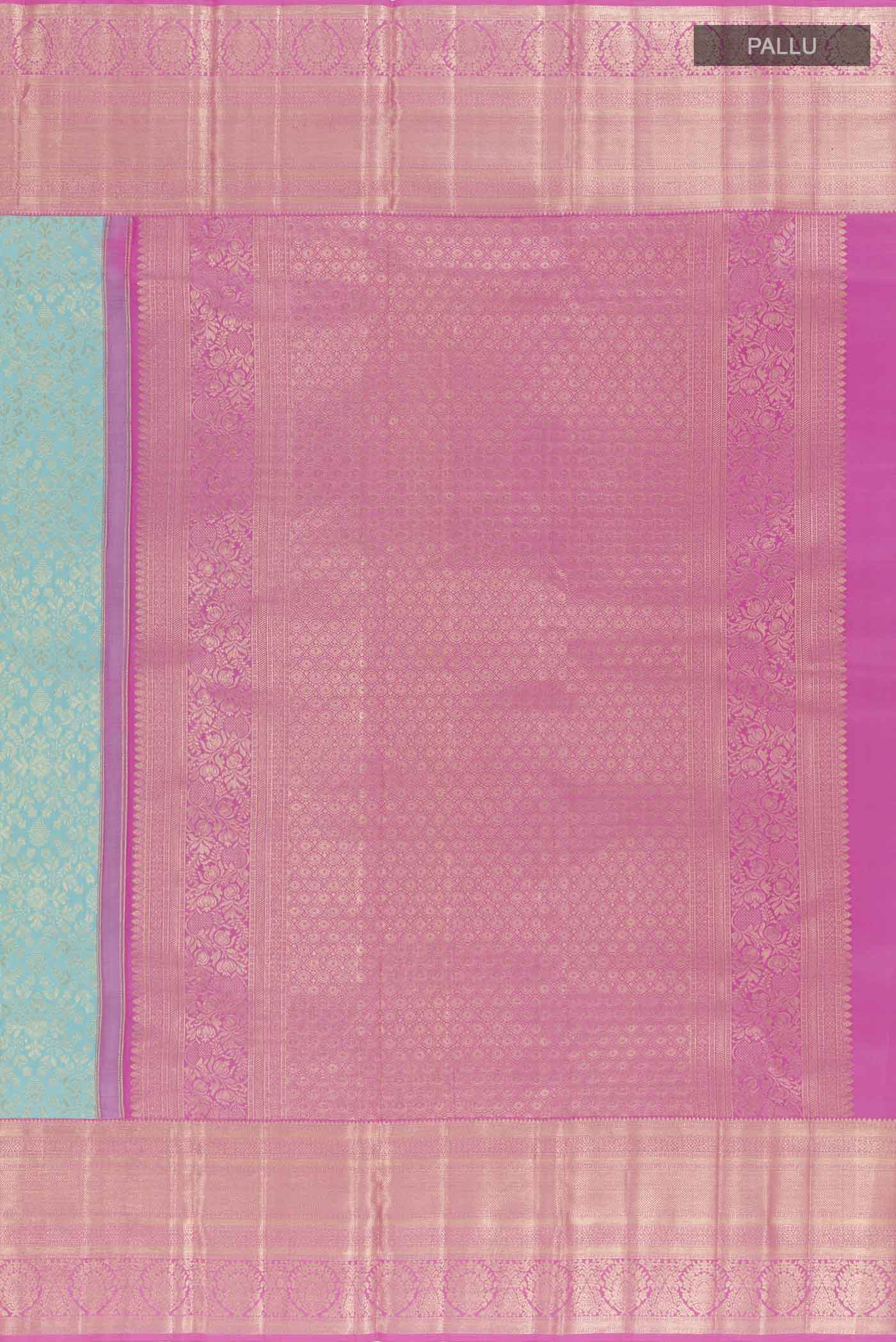 Close up image of the pallu of Blue Kanchipuram Silk Saree with Zari Brocade on the body and Zari Border. 