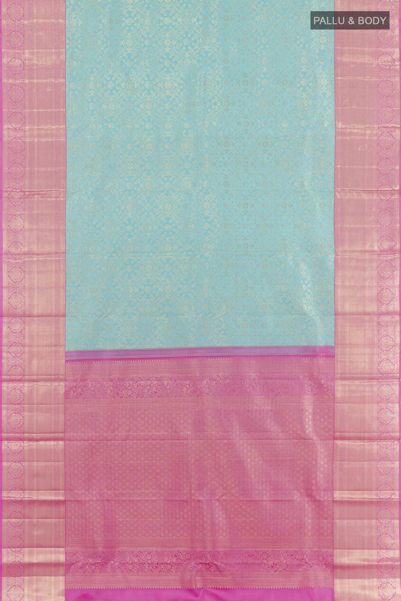 Flat view of Blue Kanchipuram Silk Saree with Zari Brocade on the body and Zari Border. 