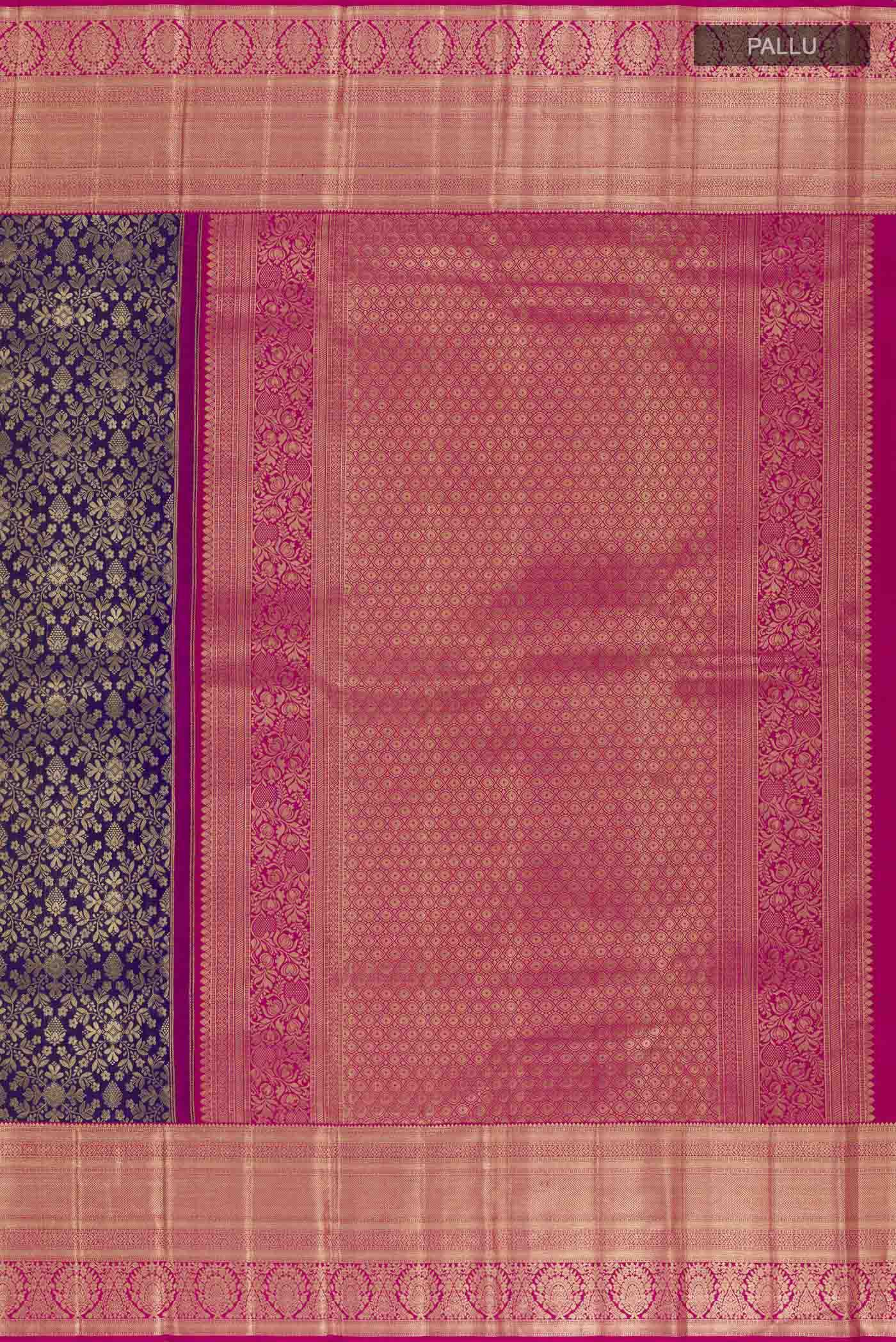 Close up image of the pallu of Dark Blue Kanchipuram Silk Saree with Zari Brocade on the body and Zari Border. 